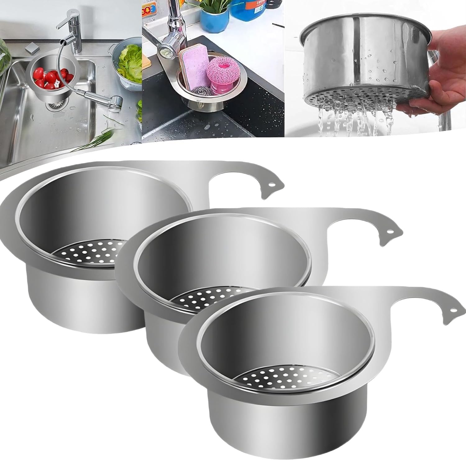 Stainless Steel Sink Strainer Basket - 3 Pcs for Kitchen & Vegetable Drain