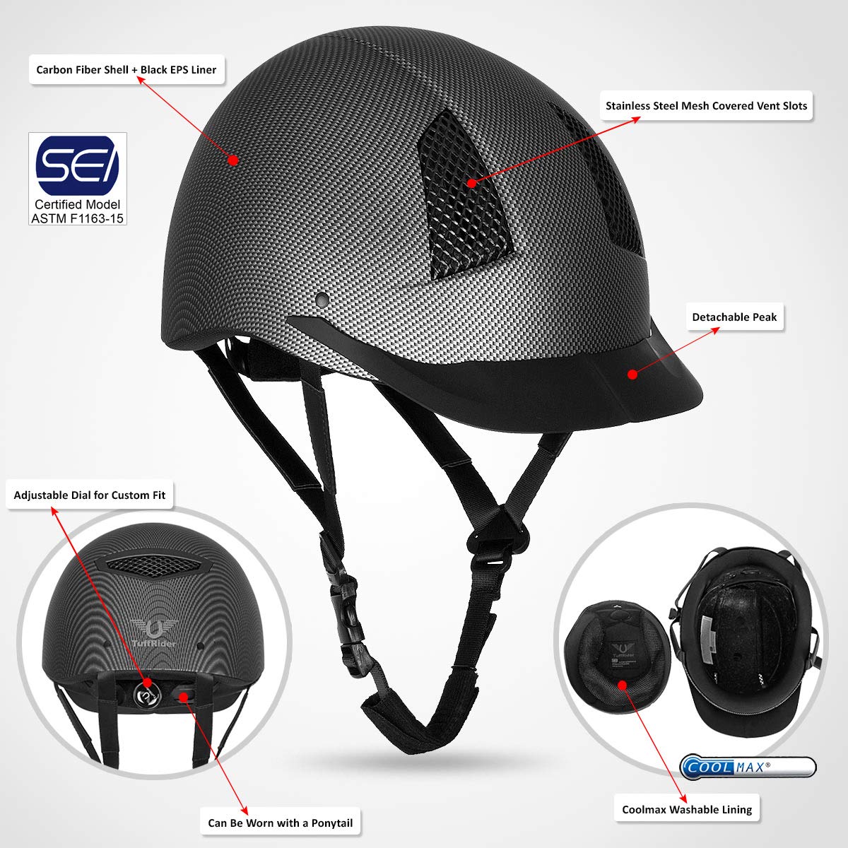 TuffRider Starter Carbon Fiber Equestrian Helmet for Horse Riding - Lightweight & Durable Safety Gear for English, Western & Trail Riding