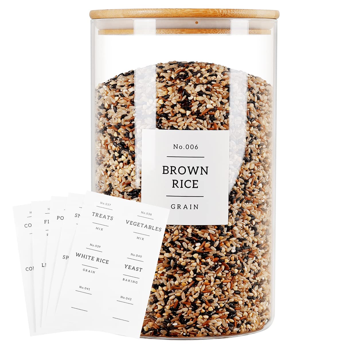 1 Gallon Large Glass Food Storage Containers with Airtight Bamboo Lid - Clear Kitchen Pantry Jars with 42 Labels - Thickened Bulk Rice, Flour, Sugar, Pasta, Cereal Storage Containers for Organizing Kitchen, Pantry & Countertop