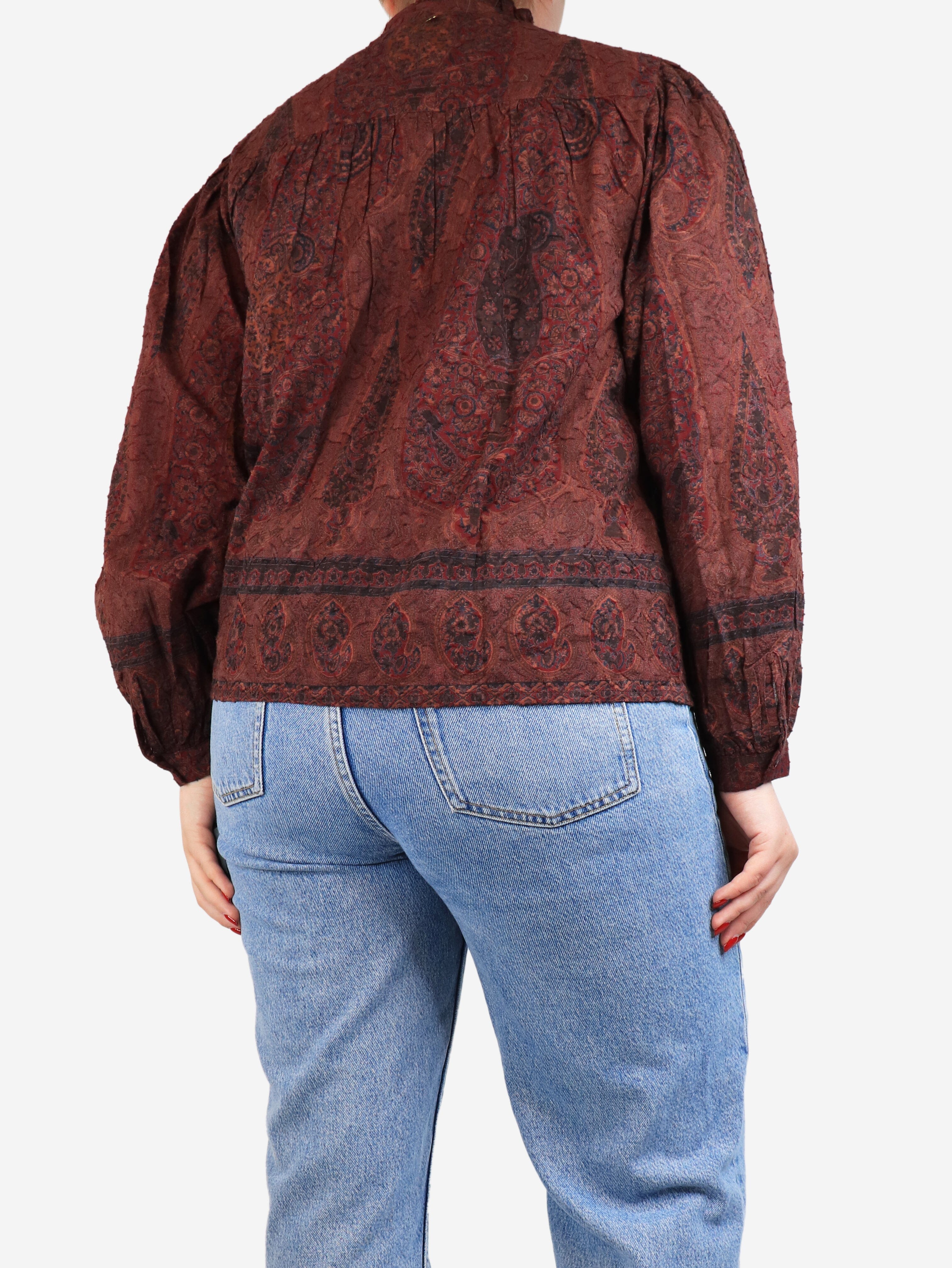 Stylish Burgundy Paisley Print Blouse - Size M - Perfect for Office Wear & Casual Outfits