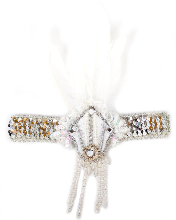 Vintage 1920s White & Silver Lace Flapper Headband - Roaring 20s Gatsby Party Hair Accessory for Women - Perfect for Costume Parties, Halloween, and Themed Events