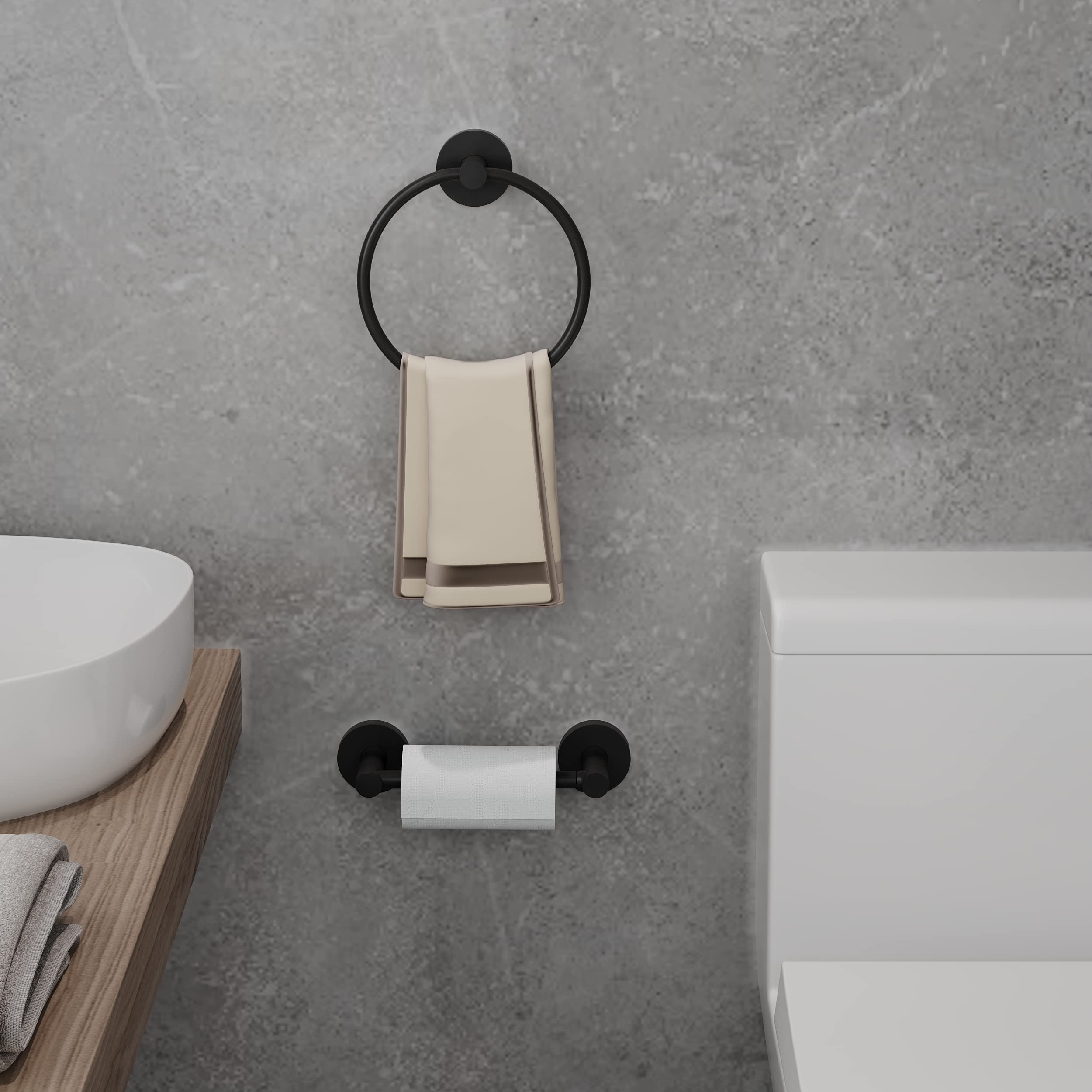 Fixsen 2-Piece Matte Black Bathroom Hardware Set - Stainless Steel & Zinc Alloy Wall Mounted Towel Ring & Toilet Paper Holder - Perfect for Modern Bathrooms, Powder Rooms & Guest Bath Decor