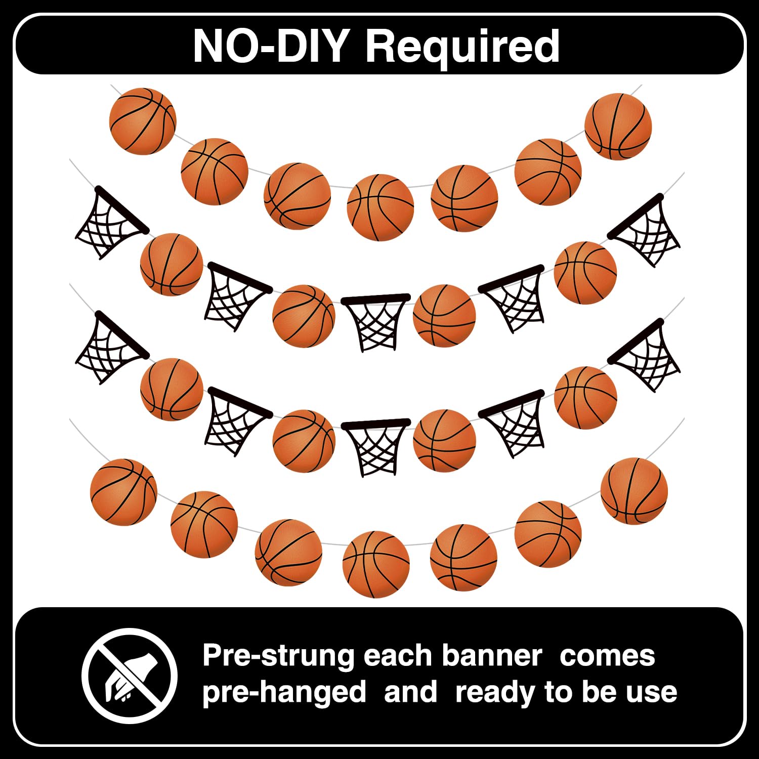4-Piece Basketball Party Decorations Set - No DIY Basketball Banners, Sports Theme Garland for Slam Dunk Birthday Parties & Game Day Decorations - Perfect for Basketball Themed Celebrations, Game Nights & Sports Events