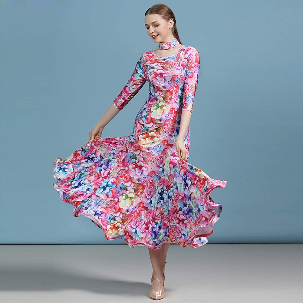 Floral Ballroom Dance Dress - Elegant Flamenco Waltz Tango Costume for Women (2XL) | Perfect for Latin Dance Competitions & Social Dancing Events