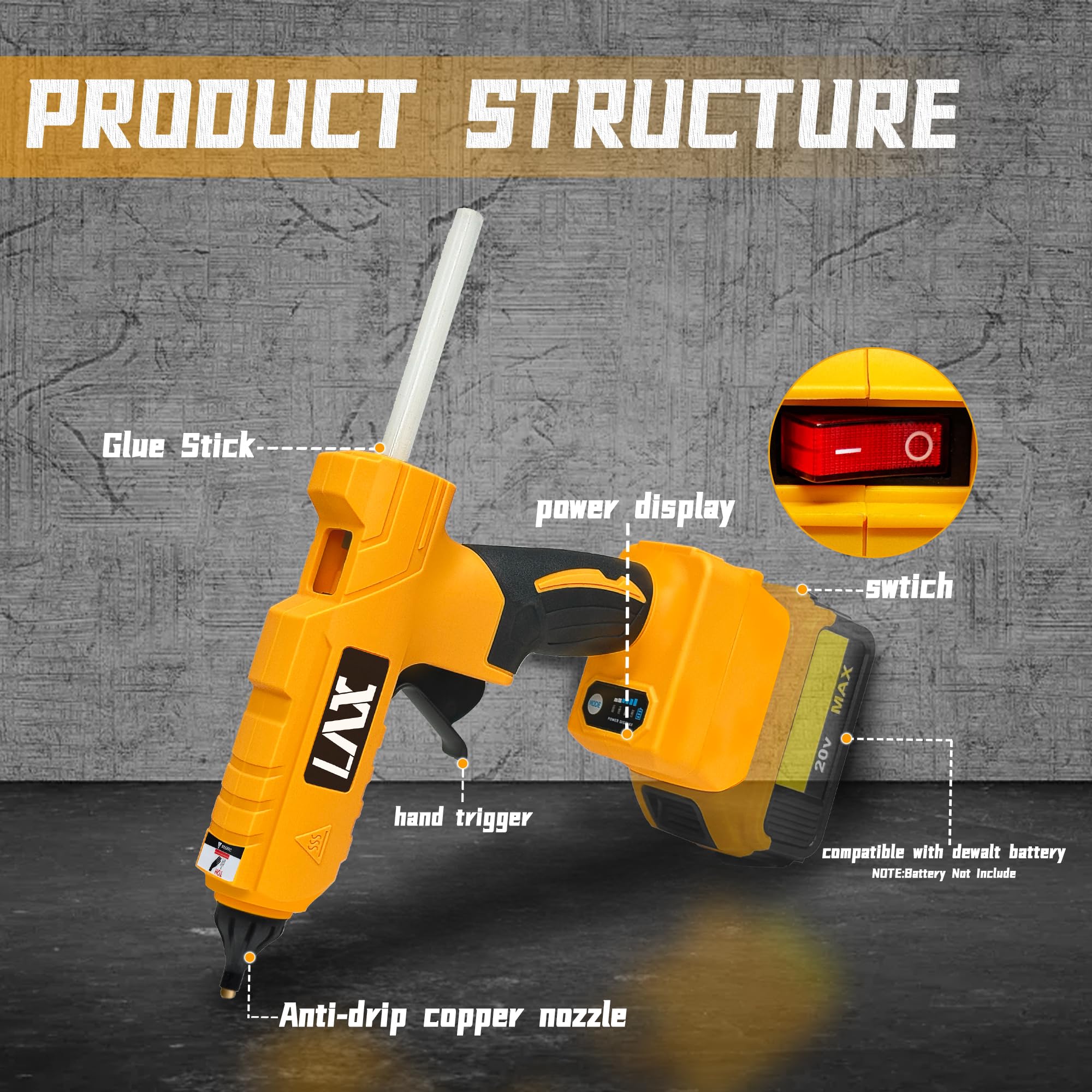 **20V Cordless Hot Glue Gun for Dewalt Battery - 100W Fast Heating Mini Glue Gun Kit with 20 Glue Sticks - Perfect for DIY Crafts, Home Repairs & Quick Fixes (Battery Not Included)**    *(Use Cases: Ideal for crafting, woodworking, home repairs, holiday decorations, school projects, and quick fixes on the go.)*