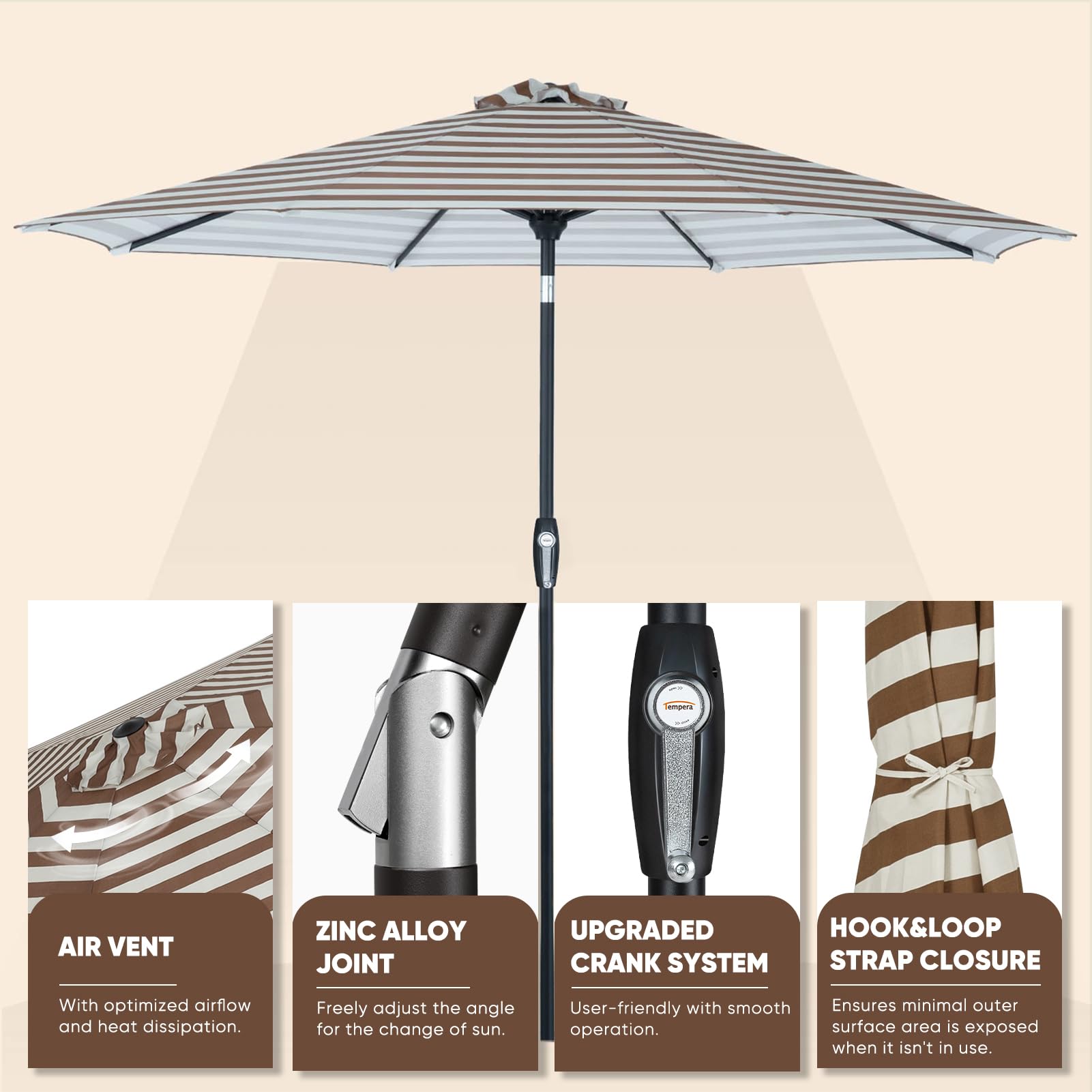 Tempera Patio Market Outdoor Table Umbrella with Auto Tilt & Crank - Large Sun Shade Umbrella with Sturdy Pole & Fade-Resistant Canopy - Easy Setup for Backyard, Poolside & Outdoor Dining