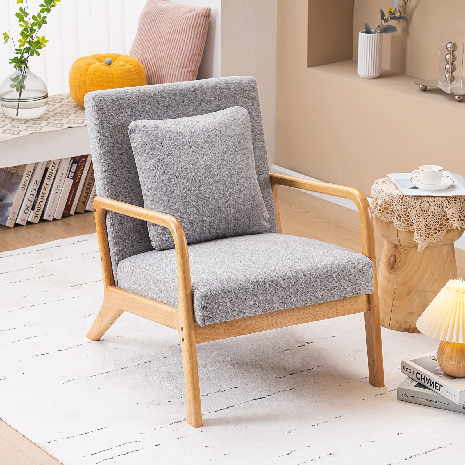 Mid-Century Modern Accent Chair - Solid Wood Frame Armchair with Soft Cushion & Pillow - Comfortable Deeper Seating for Living Room, Bedroom, Balcony & Reading Nook - Perfect Grey Lounge Chair for Relaxing, Reading & Coffee Time