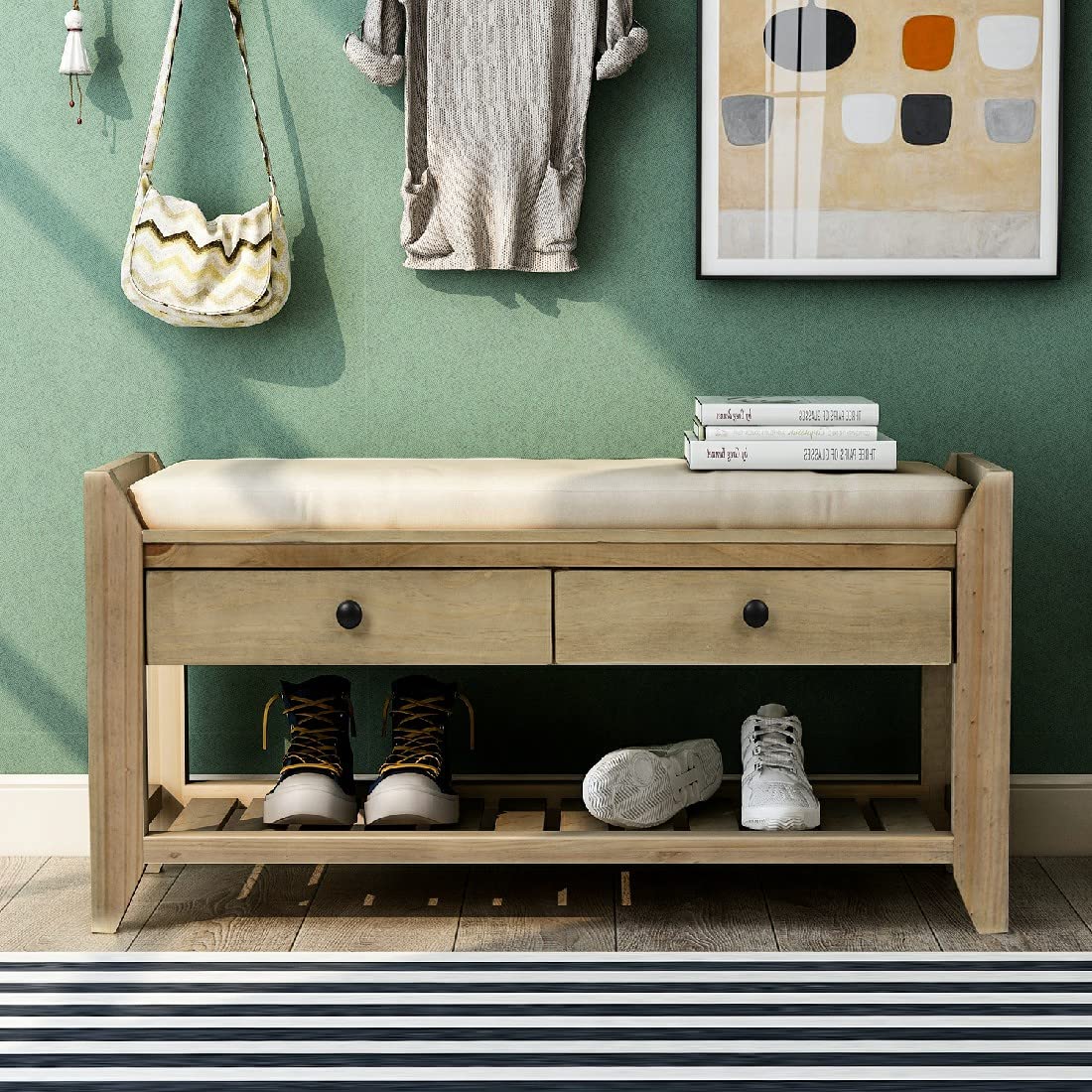 Multipurpose Entryway Storage Bench with Cushioned Seat & Drawers - Shoe Rack Organizer for Hallway, Living Room & Bedroom (WF195386AAN, Gray Wash) - Perfect for Small Spaces & Home Organization