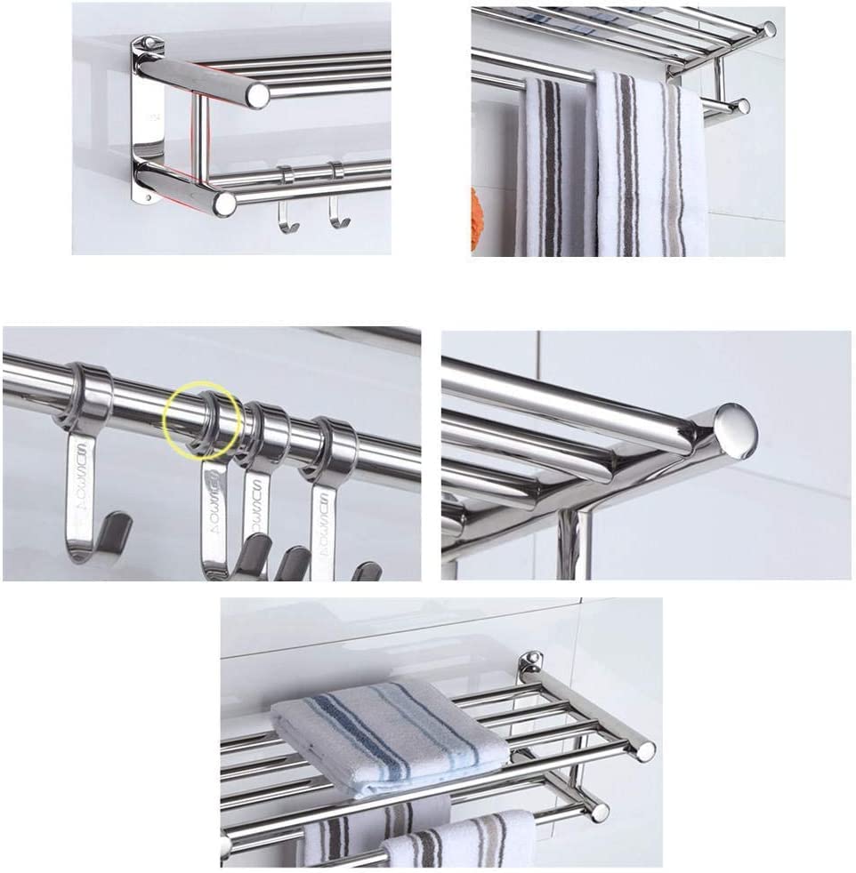 Stainless Steel Wall Mounted Towel Rack with Hooks - Double Towel Bar Rail & Storage Shelf Holder for Bathroom & Kitchen - 40cm & 50cm Options - Perfect for Small Spaces & Modern Home Decor