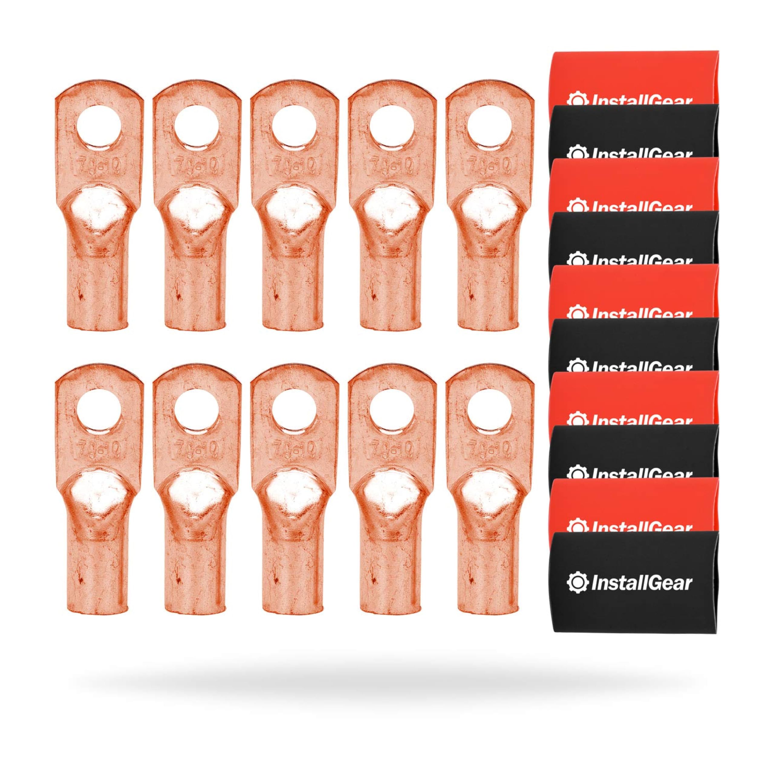 InstallGear 1/0 Gauge AWG Pure Copper Ring Terminals with Heat Shrink (10 Pack) - Heavy Duty Electrical Connectors for Car Audio, Marine, Solar & RV Wiring - Secure & Durable 1/0 Gauge Wire Terminals for Professional Installations
