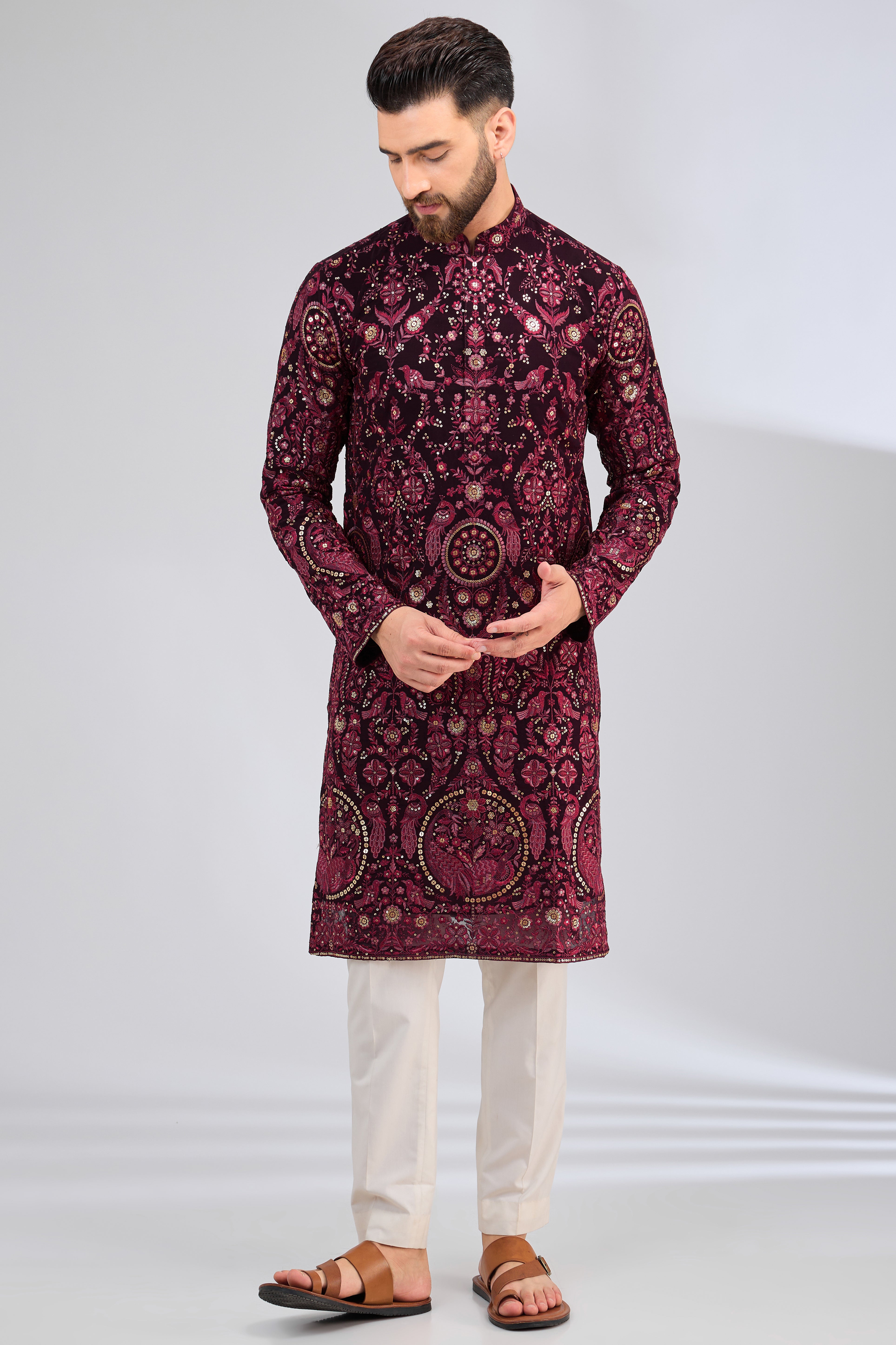 Exquisite Maroon Embroidered Kurta with Intricate Floral & Fauna Designs - Perfect for Festivals, Weddings & Special Occasions