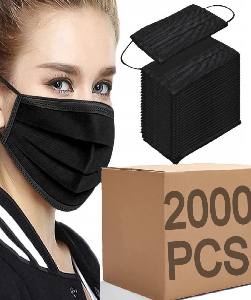 GALAXYLENSE Premium 2000-Pack Black 3-Ply Disposable Face Masks - Breathable, Comfortable & Dust Protection with Soft Ear Loops - Ideal for Daily Use, Travel, Work & Public Safety