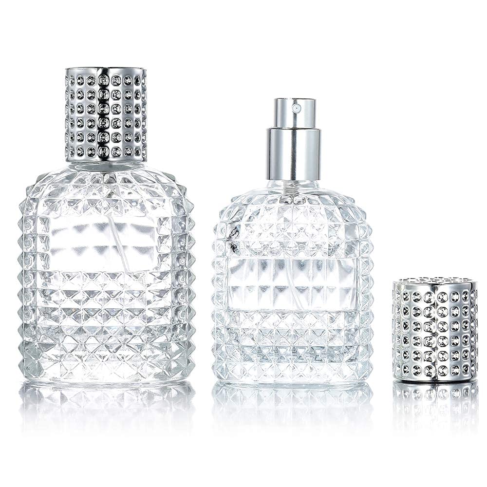 50ml Silver Refillable Glass Bottle with Spray Pump & Cap - DIY Perfume, Essential Oils, Blends, Rose Water - Travel Size, Home & Beauty Storage (Pack of 2)