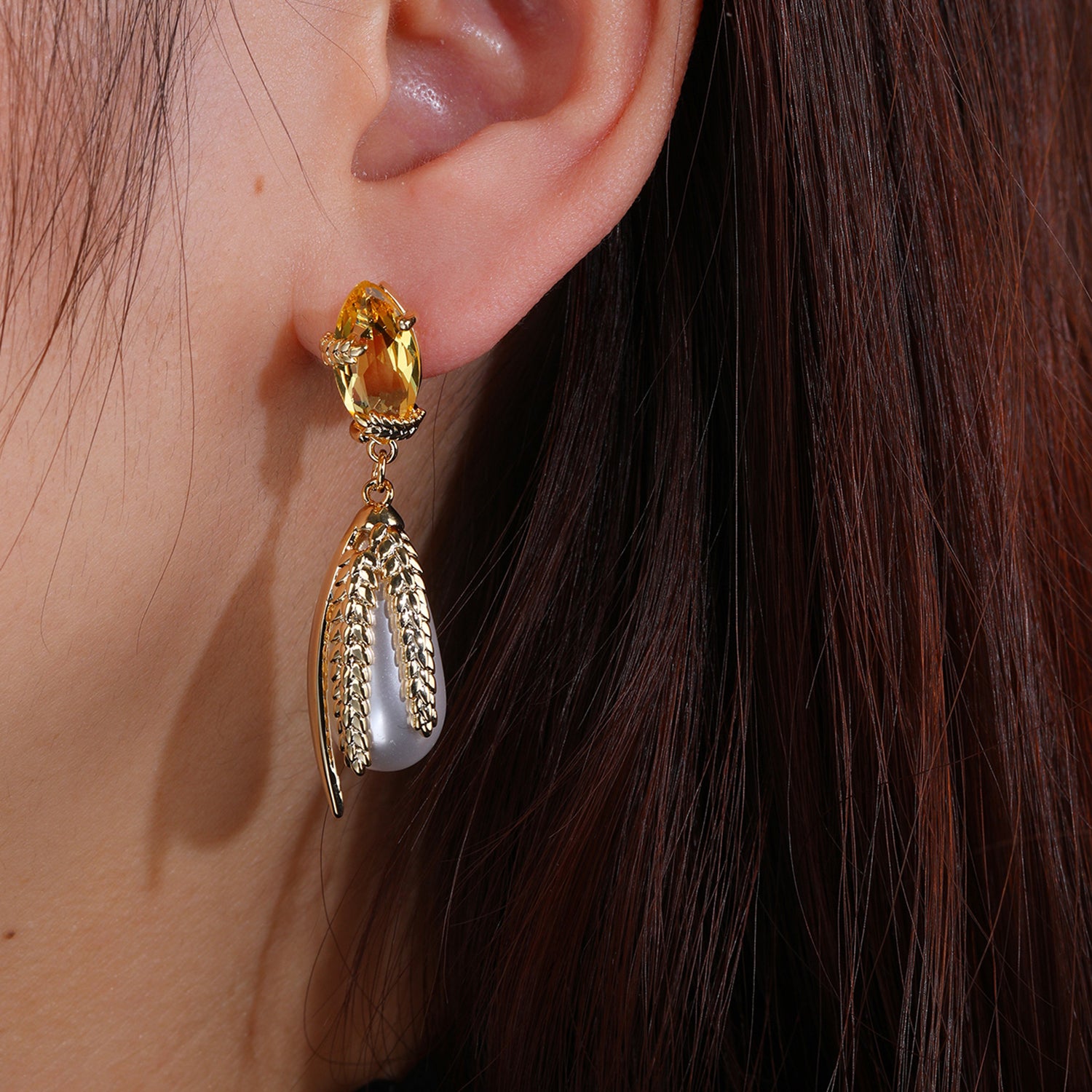Cubic Zirconia Gold Wheat Dangle Earrings for Women - Elegant Wedding Jewelry Accessories CE11913 | Perfect for Bridal, Prom & Special Occasions