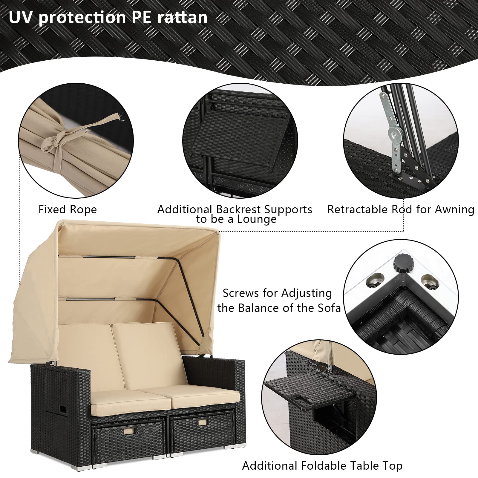 LEISU Outdoor Patio Furniture Sunbed with Retractable Canopy - PE Wicker Rattan Rectangle Sectional Sofa Set with Washable Cushions - Perfect for Lawn, Garden, Poolside & Backyard Relaxation (Khaki)