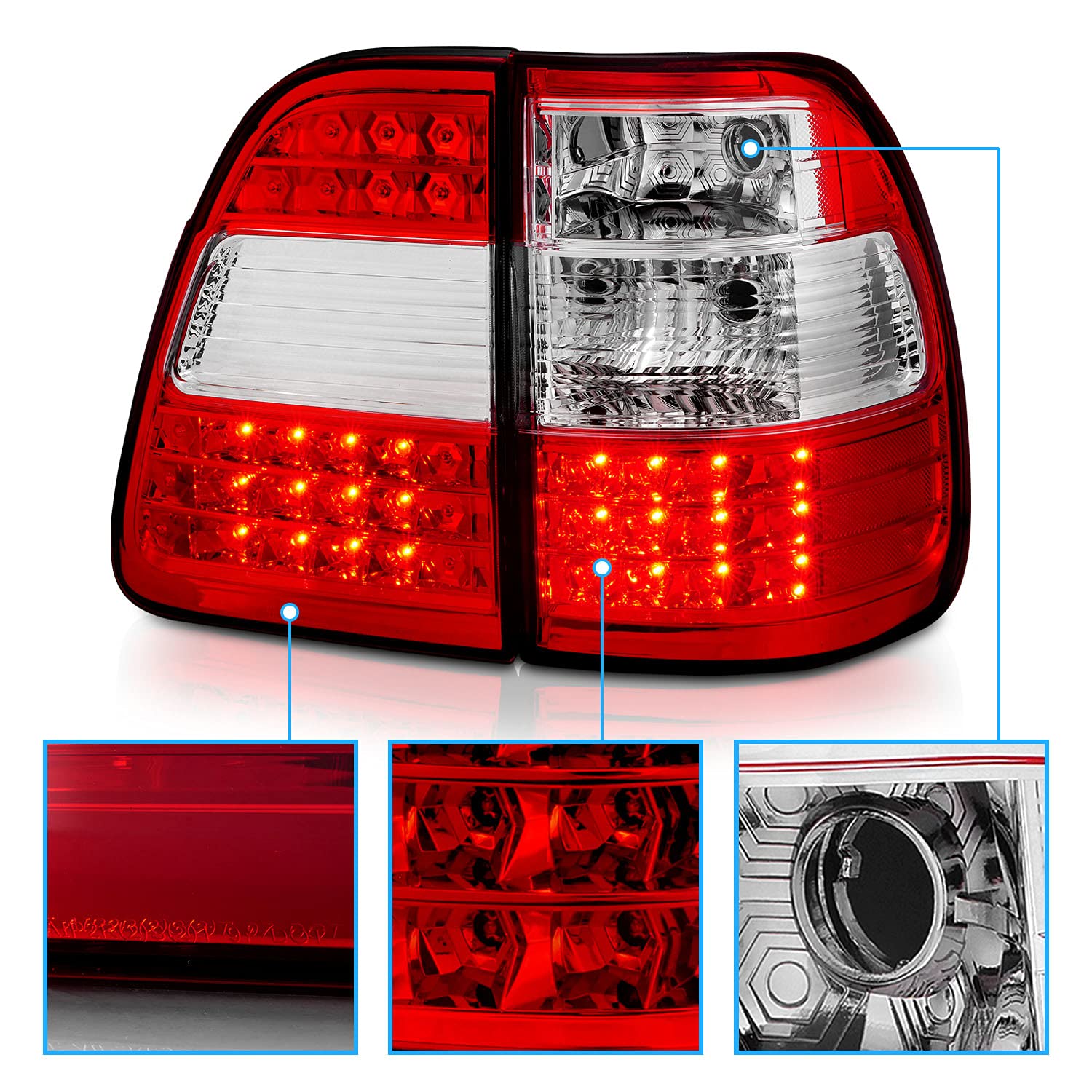 AmeriLite Red/Clear LED Brake Tail Lights Replacement Set for 1998-2005 Toyota Land Cruiser - Left & Right Side - Durable & Bright LED Lights for Enhanced Safety & Style - Perfect for Off-Road Adventures & Night Driving