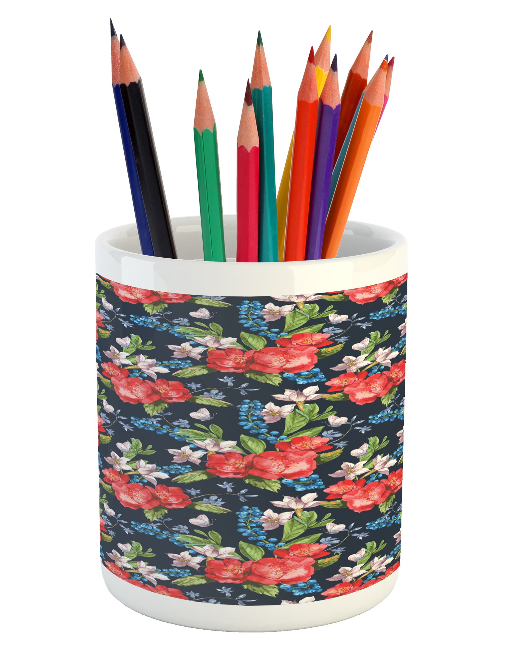 Ambesonne Floral Ceramic Pen Holder - Watercolor Bouquet with Blueberries, Green Leaves & Butterflies - Desk Organizer for Office, Home & School - Perfect for Pencils, Pens & Art Supplies