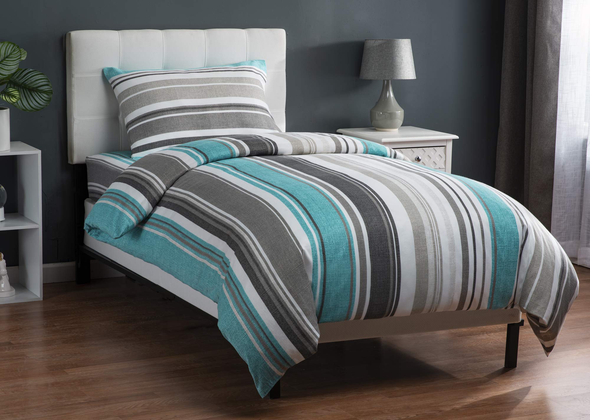 XLNT Twin Size Bedding Set - 6 Piece Duvet Cover, Comforter Cover, Bed Sheet & Pillowcases - Soft Cotton Blend, Machine Washable - Riptide Boston Blue Design - Perfect for Kids' Rooms, Guest Beds & Dorm Essentials