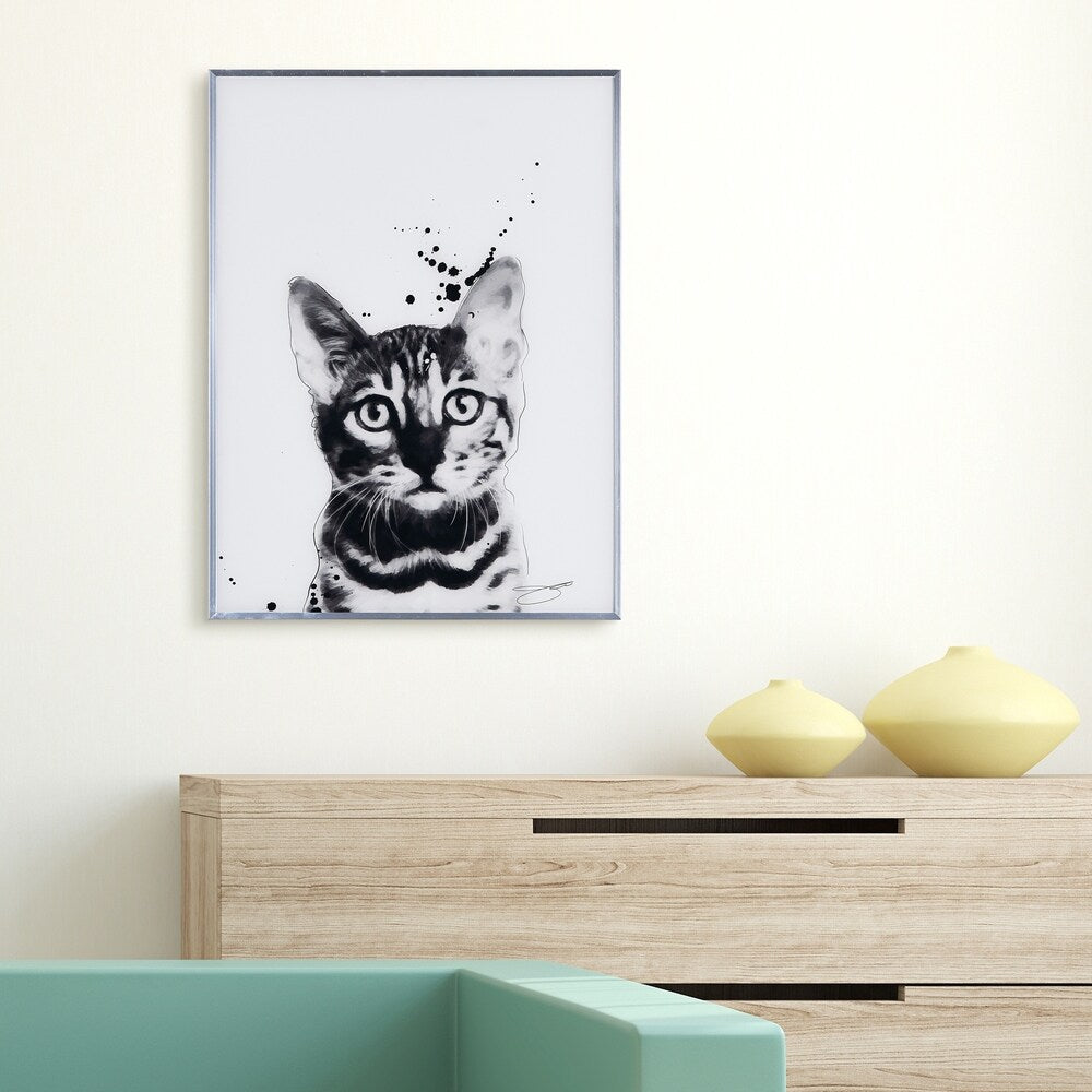 Bengal Cat Black and White Dog Wall Art - Reverse Printed Glass with Gunmetal Frame - Perfect for Living Room, Bedroom & Office Decor