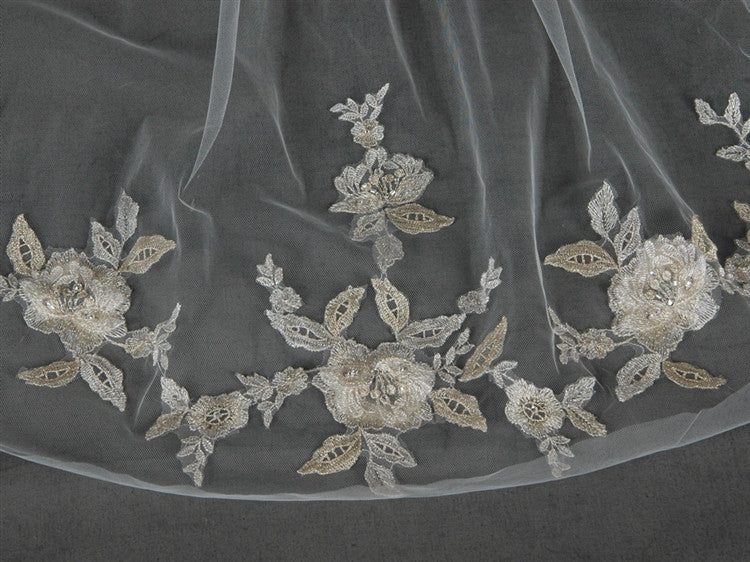 Elegant Gold and Silver Embroidered Floral Lace Wedding Veil - Perfect for Bridal Accessories, Ceremonies & Special Occasions