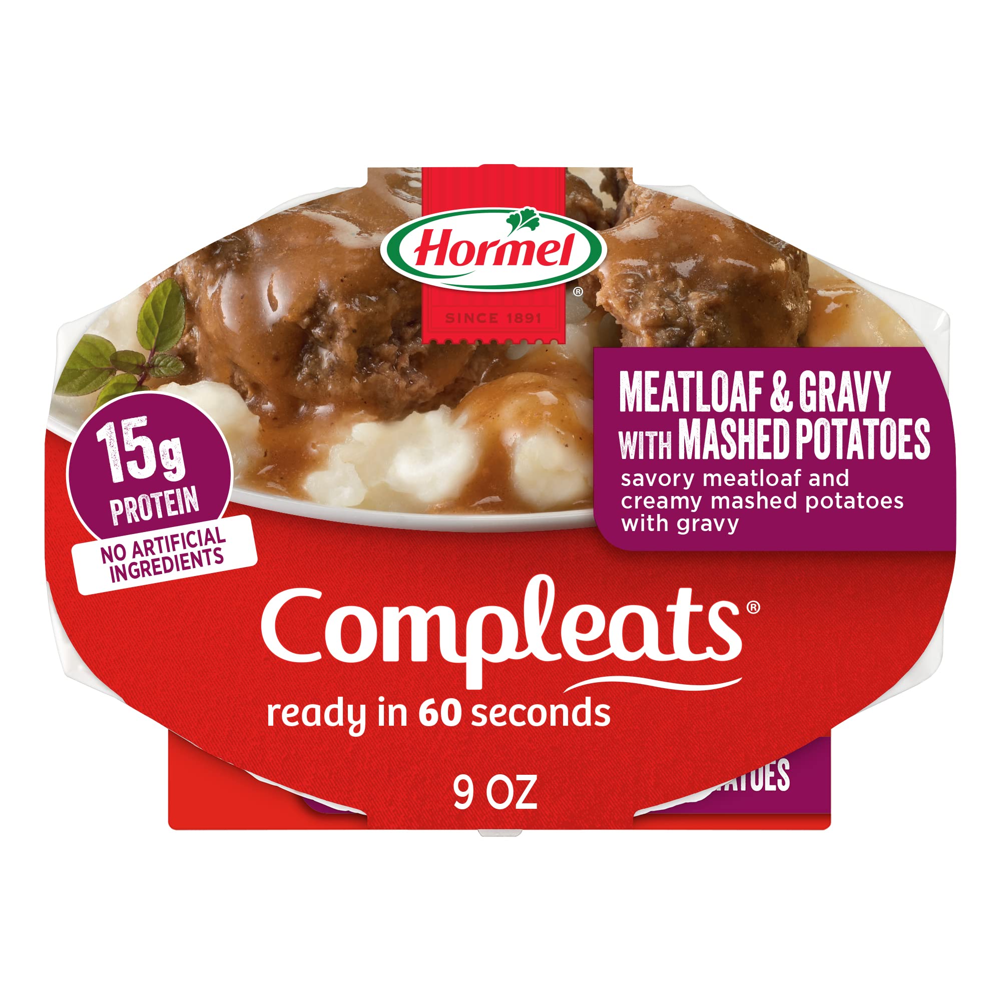 HORMEL COMPLEATS Meatloaf & Gravy With Mashed Potatoes Microwave Meal Tray, 9 oz (6 Pack) - Quick & Easy Lunch, Dinner or Snack for Busy Professionals, Students & Camping