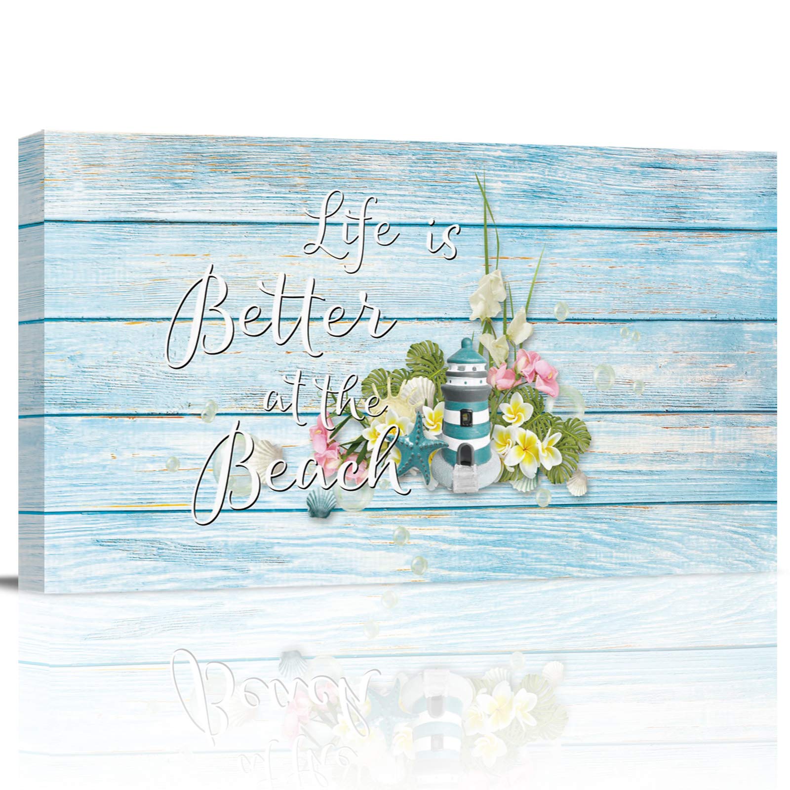 Life is Better at The Beach Canvas Wall Art - Summer Flowers & Lighthouse Beach Wood Grain Print - Ready to Hang 20x40 Inch - Perfect for Home, Living Room, Bedroom & Office Decor | Coastal Theme & Vacation Vibes