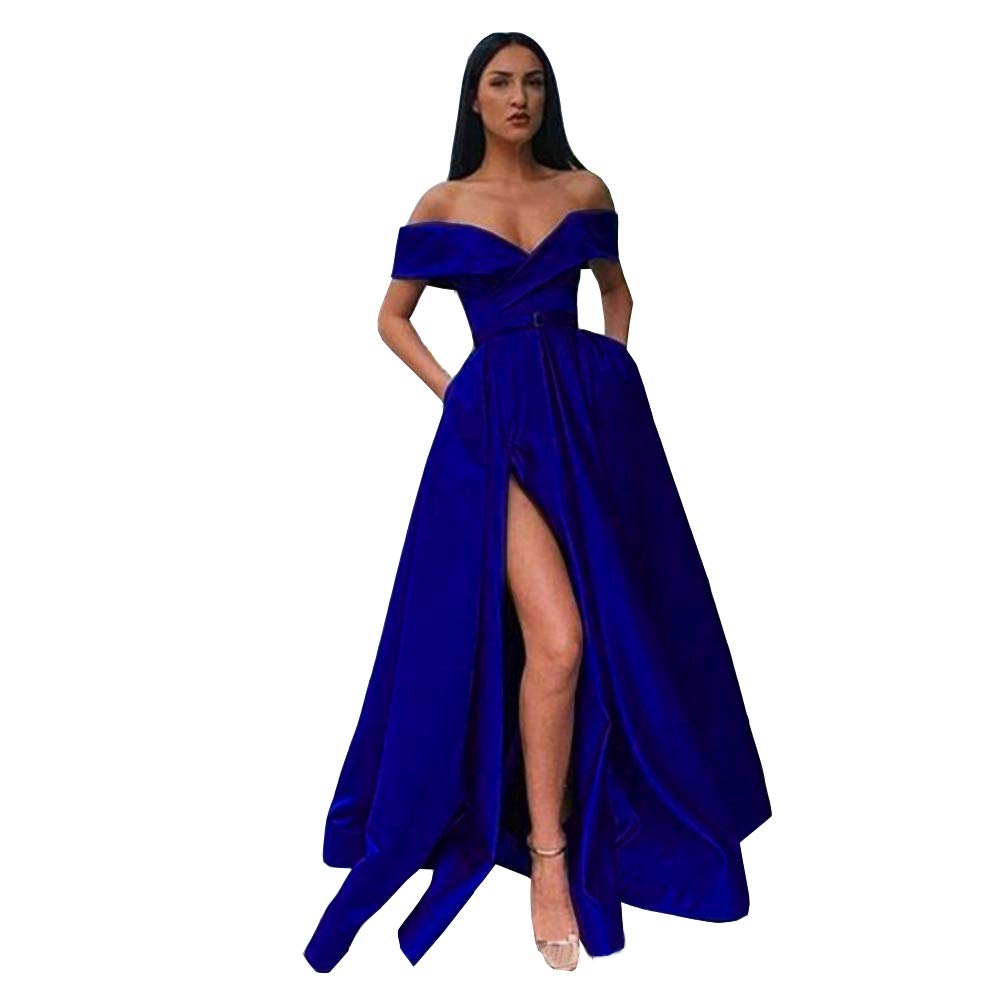 Emmani Women's Off Shoulder Long Side Slit Satin Prom Dress - A-Line Evening Gown for Formal Parties, Homecoming, Weddings & Special Occasions | Royal Blue