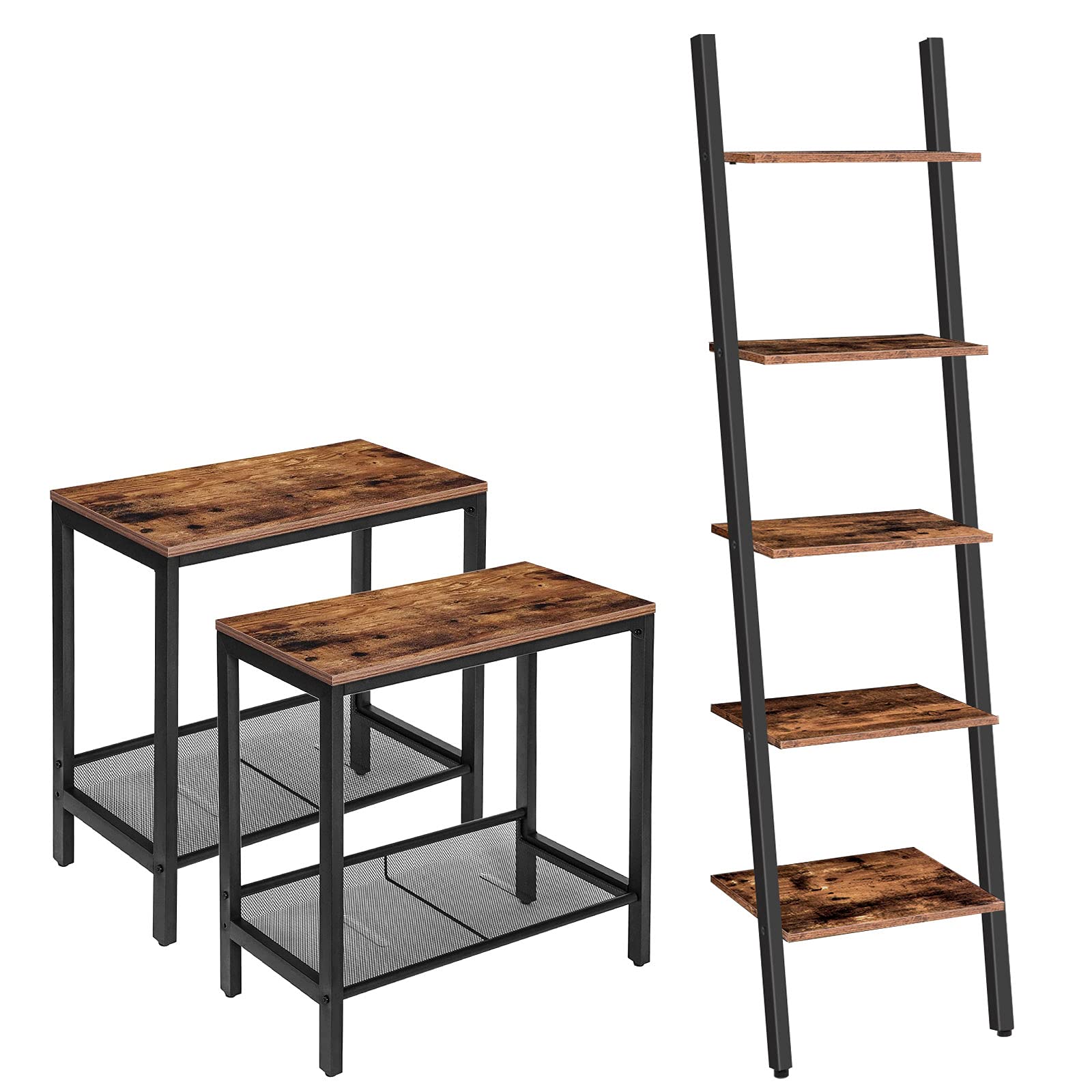 HOOBRO Side Table and Ladder Shelf Bundle Set - 2 Narrow Nightstands with 5-Tier Leaning Bookshelf, Rustic Brown Wooden Plant Stand & Sloping Bookcase for Bedroom, Living Room, Office & Dorm Decor