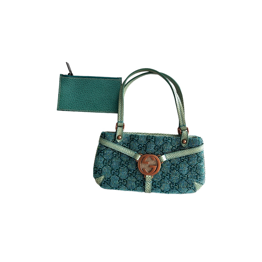 Gucci GG Nonogram Crystal Beaded Lizard Skin Handbag in Turquoise - Luxury Designer Crossbody Bag for Women, Perfect for Evening Parties & Special Occasions