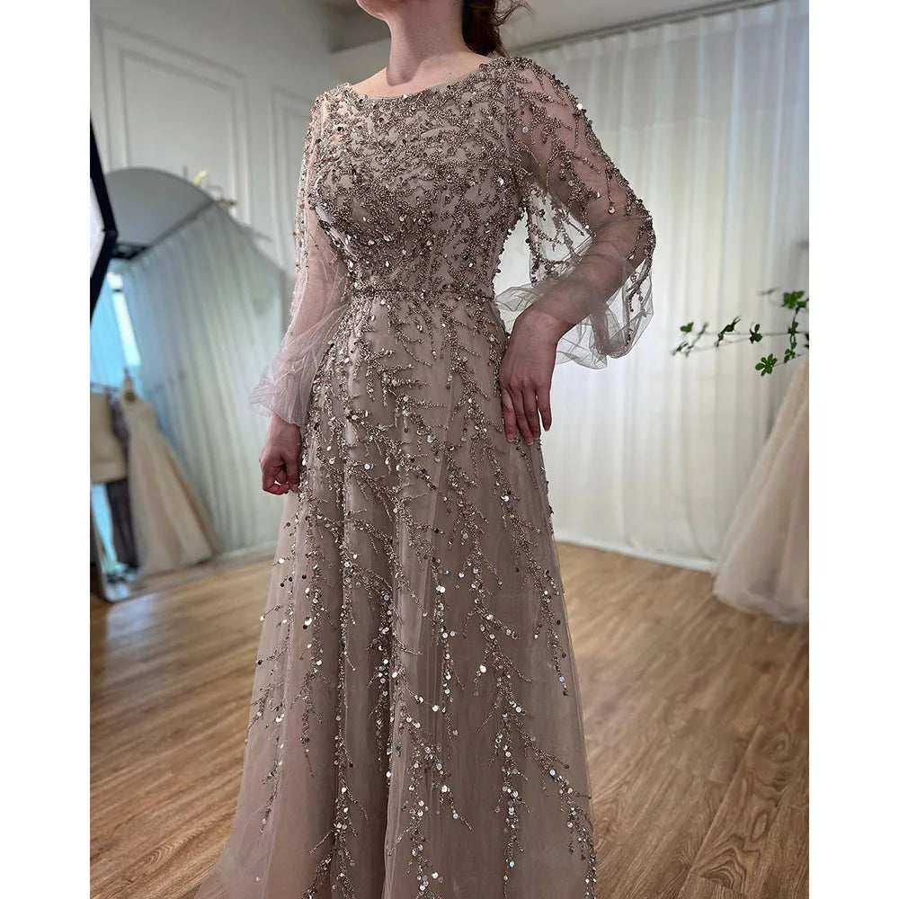 Luxury Muslim Caramel A-Line Beaded Dubai Evening Gown for Women - Elegant Long Dress for Weddings, Parties & Special Occasions - Serene Hill LA71653A - Perfect for Formal Events, Galas & Evening Celebrations