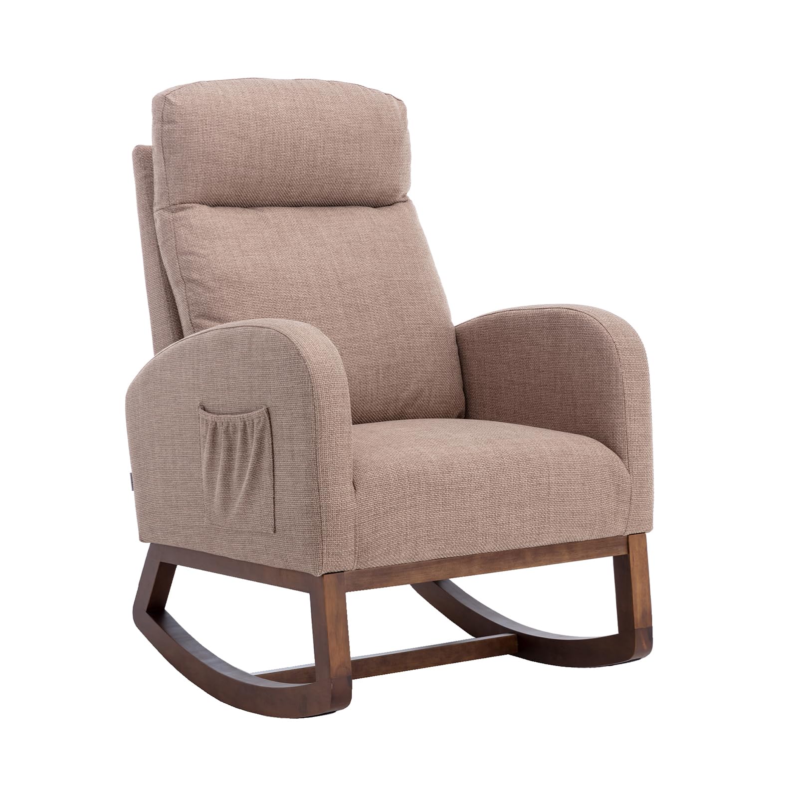 Antetek Modern Upholstered Rocking Chair - Nursery Glider Rocker with Side Pocket, Comfortable High Back Armchair with Headrest for Living Room, Bedroom & Nursery - Perfect for Breastfeeding, Reading & Relaxing (Camel)