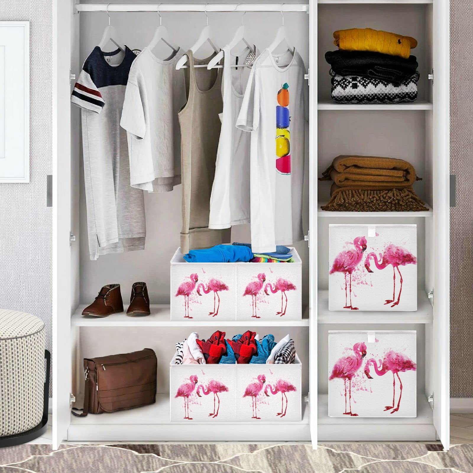 Flamingo Foldable Collapsible Storage Baskets - 16 x 11 Inch Cube Organizer Bins for Shelves | Closet, Pantry, Bathroom & Nursery Toy Storage | Space-Saving Home Organization Solution