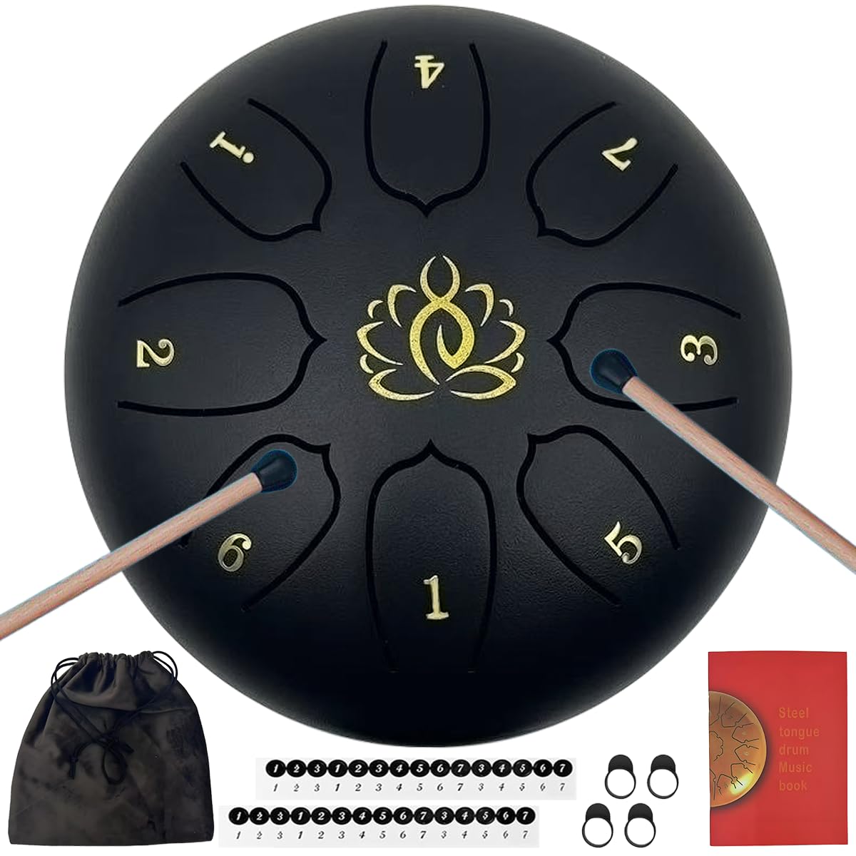 6 Inch 8 Note Steel Tongue Drum - Outdoor Rain Drum for Garden & Patio | Beginner Percussion Instrument with Drumsticks | Perfect for Meditation, Yoga & Relaxation (Matte Black)