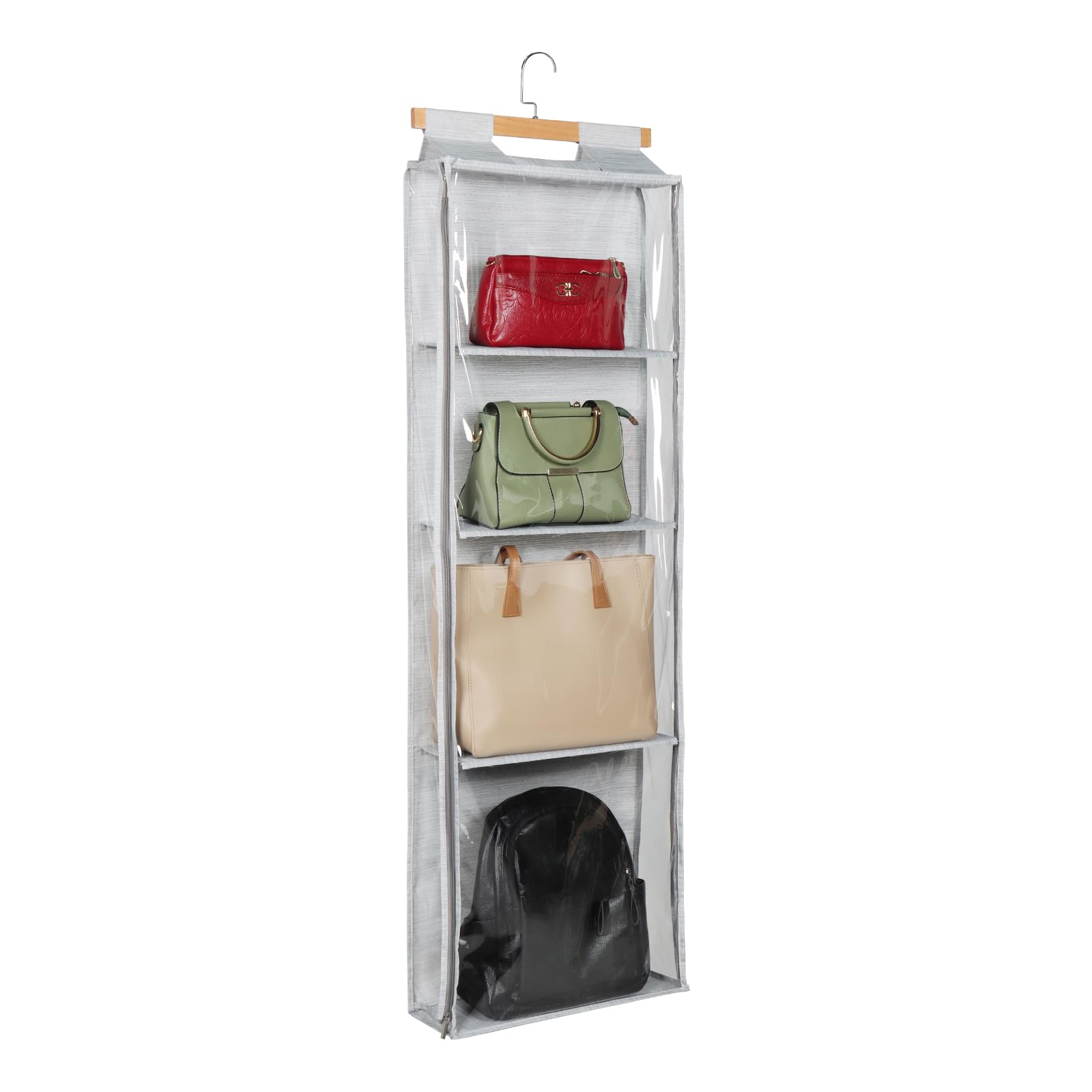 Syeeiex Clear Hanging Handbag Organizer with Zippers - 4 Mesh Shelves Dustproof Storage Bag | PVC & Slubbed Fabric Closet Organizer for Purses, Wallets & Accessories | Perfect for Bedroom Closet, Wardrobe, Door & Shelf Storage