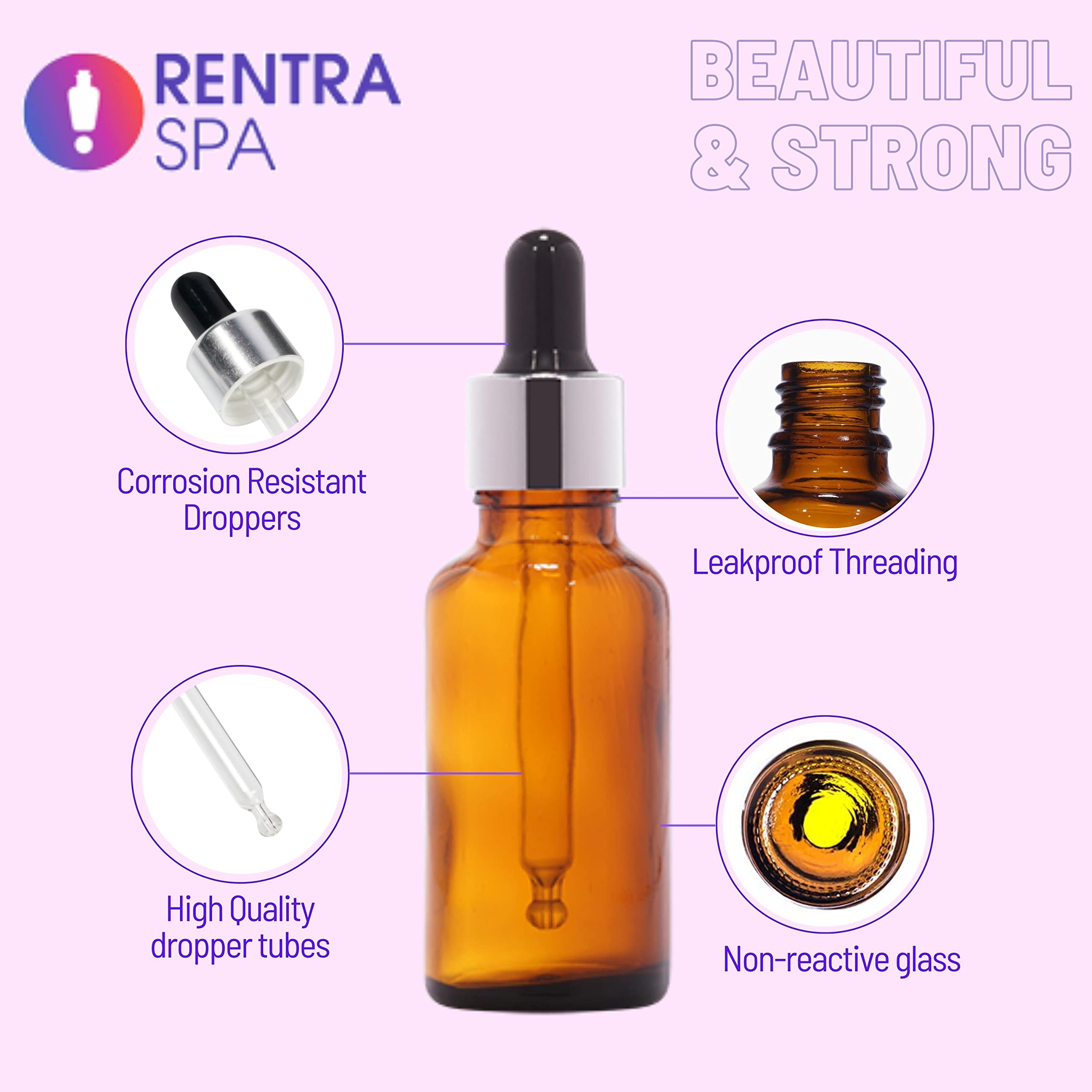 50ml Amber Round Glass Bottle with Glass Dropper, Silver Ring & Black Silicone Teat for Essential Oils, DIY Skincare, and Herbal Remedies - Perfect for Home, Spa, and Travel Use