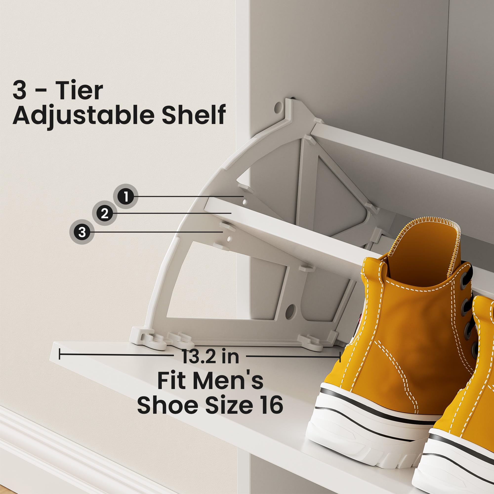 White Shoe Storage Cabinet with 3 Flip Drawers - Holds Shoes Up to Size 16, Wooden Entryway Organizer for Closet, Living Room & Bedroom - Perfect for Small Spaces & Shoe Lovers