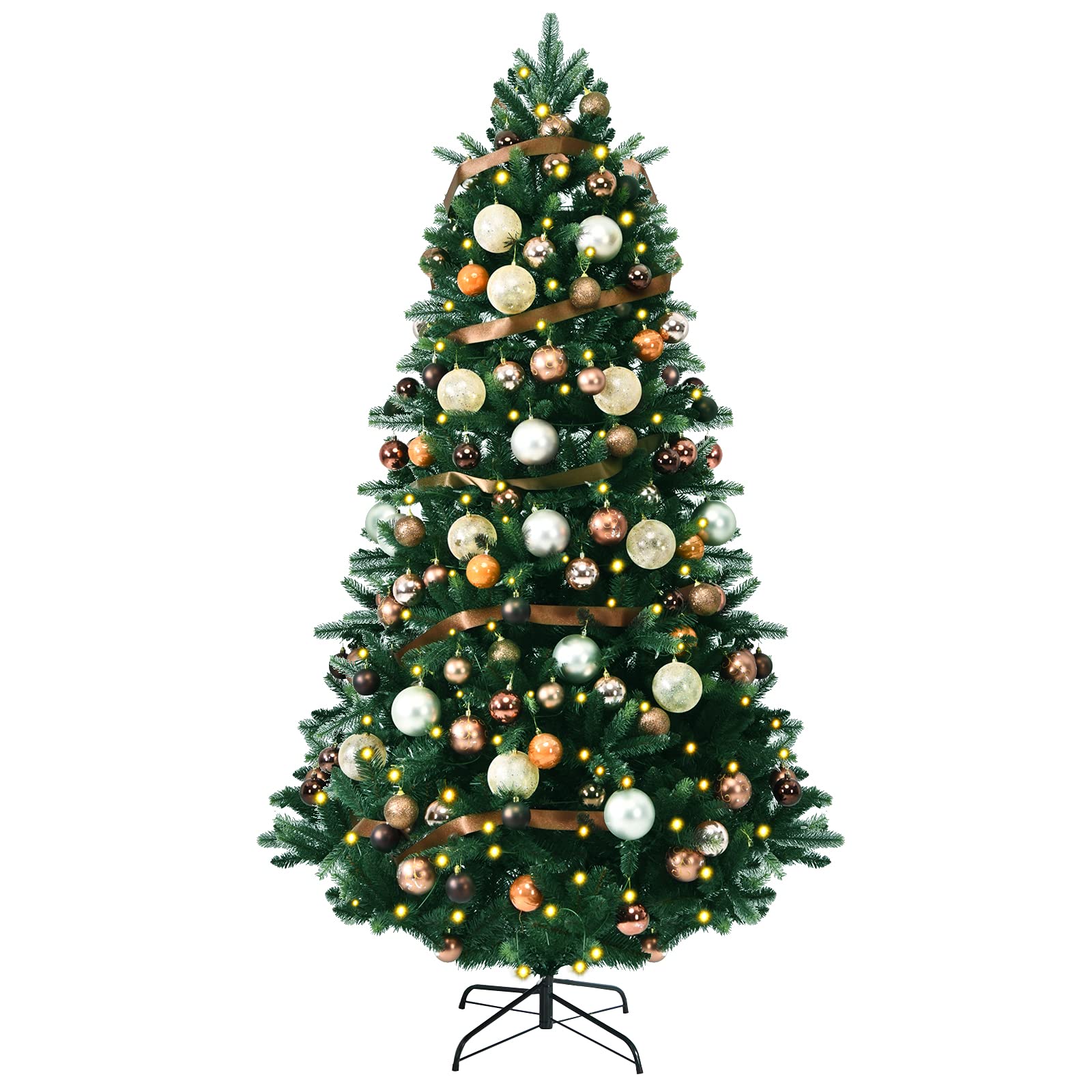 Goplus 7.5ft Pre-Lit Artificial Christmas Tree with 250 Warm White LED Lights, Hinged Xmas Spruce Tree Includes 100 Ornaments & Metal Stand - Perfect for Indoor Holiday Decor in Living Room, Office, and Home Parties