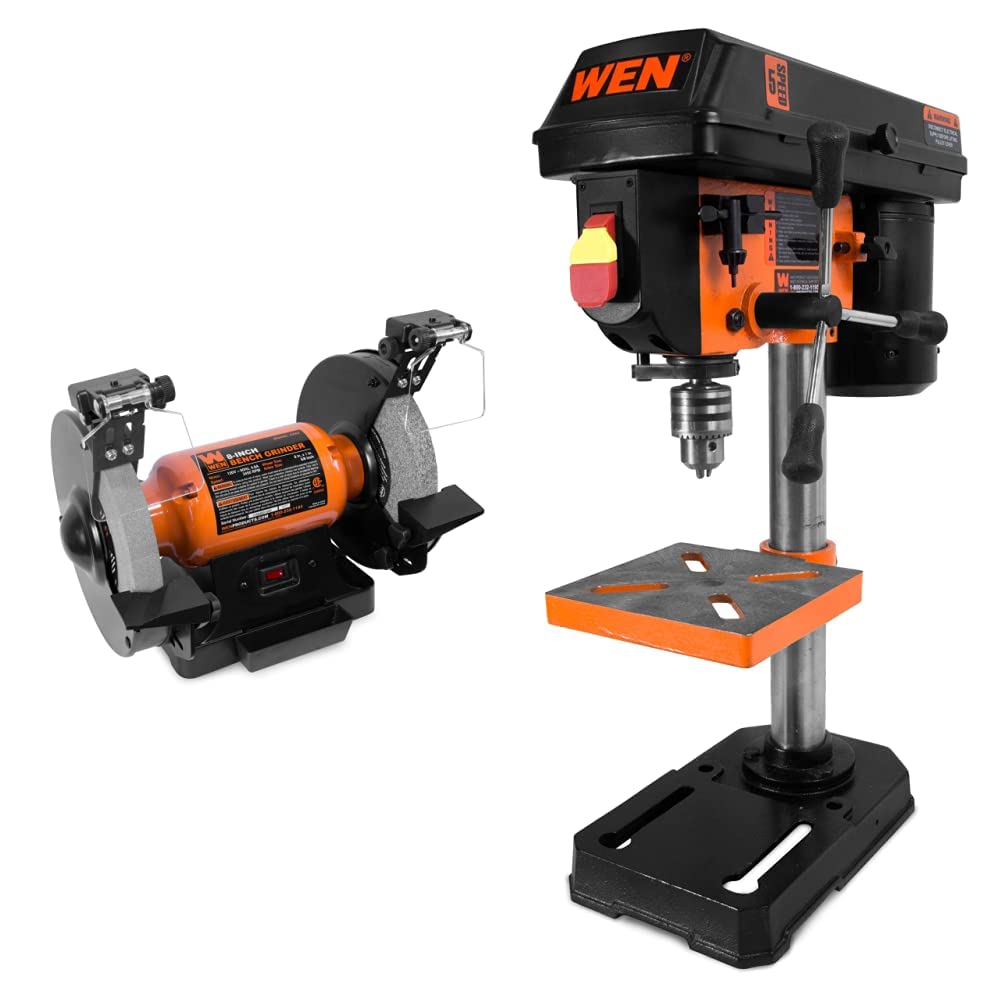 WEN BG4282 4.8-Amp 8-Inch Single Speed Bench Grinder with LED Work Lights & 4208T 2.3-Amp 8-Inch 5-Speed Cast Iron Benchtop Drill Press - Perfect for Metalworking, Woodworking, and DIY Home Projects