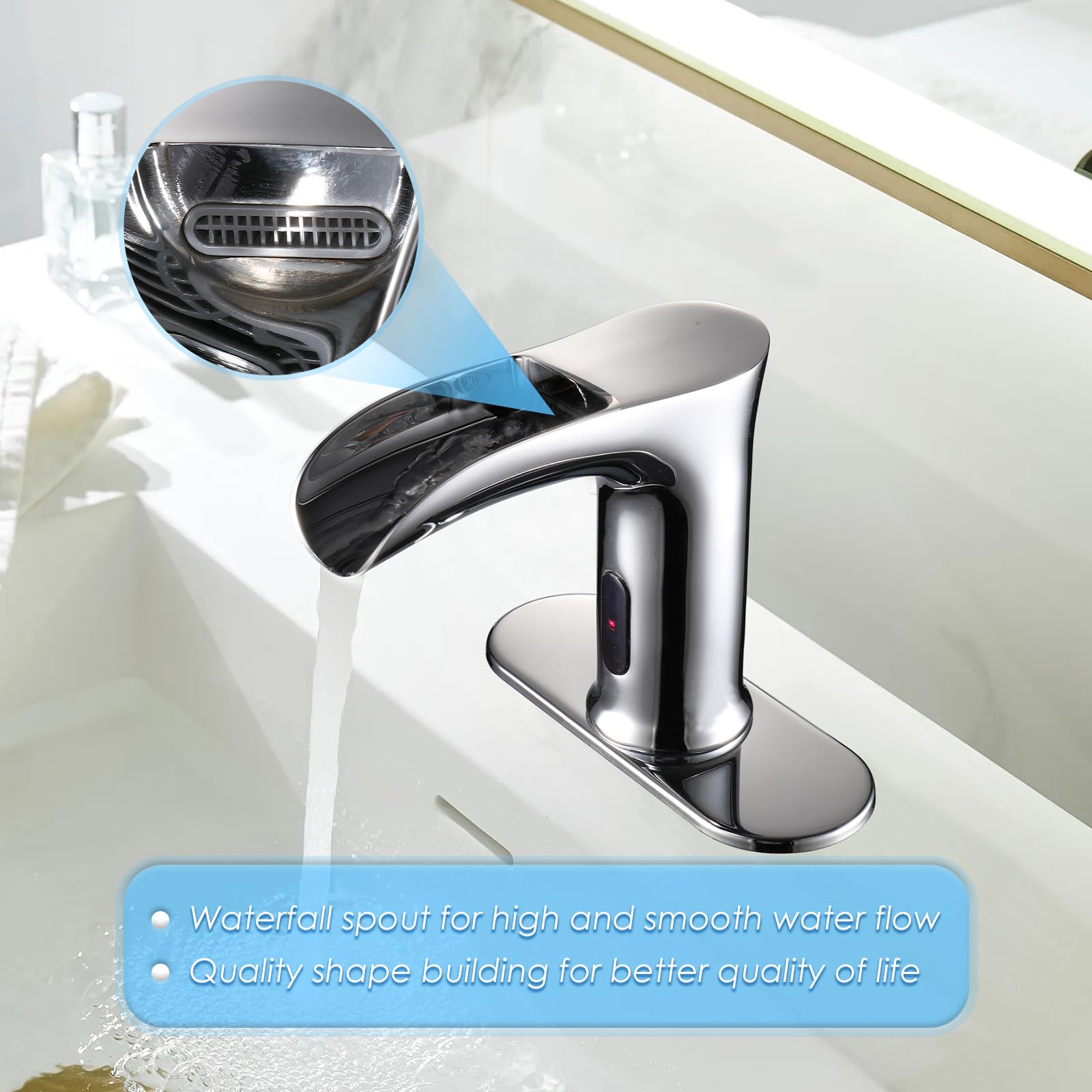 Automatic Touchless Sensor Waterfall Bathroom Sink Faucet - Modern Hands-Free Electronic Lavatory Faucet with Control Box & Temperature Mixer - Perfect for Home, Hotel, and Public Restrooms (Chrome Finish)
