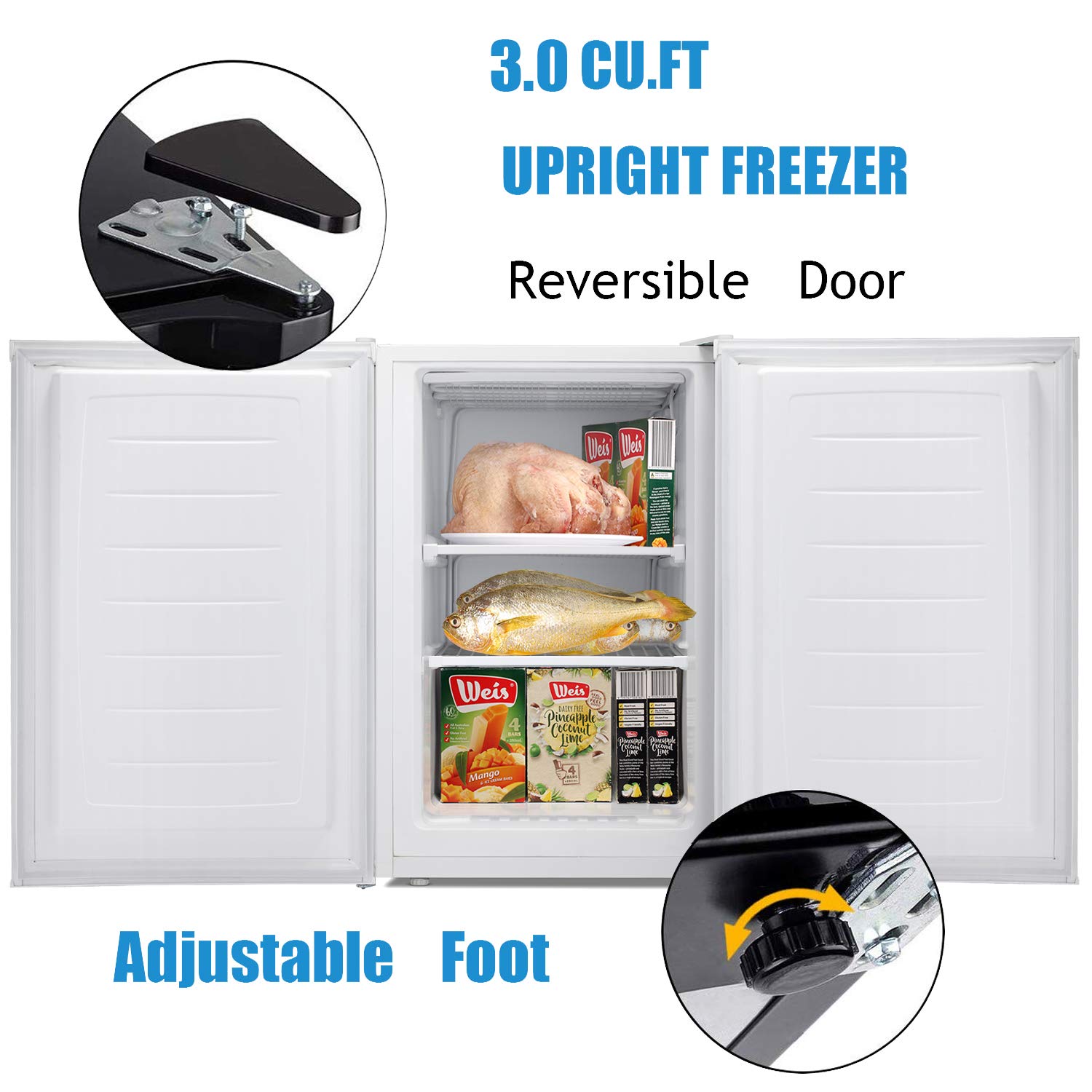 Antarctic Star 3.0 Cu.ft Upright Freezer - Compact Mini Freezer with Reversible Door, Adjustable Temperature & Removable Shelves - Stainless Steel Small Freezer for Dorm, Home, Office - Perfect for Storing Frozen Foods, Ice Cream & Meal Prep (White)