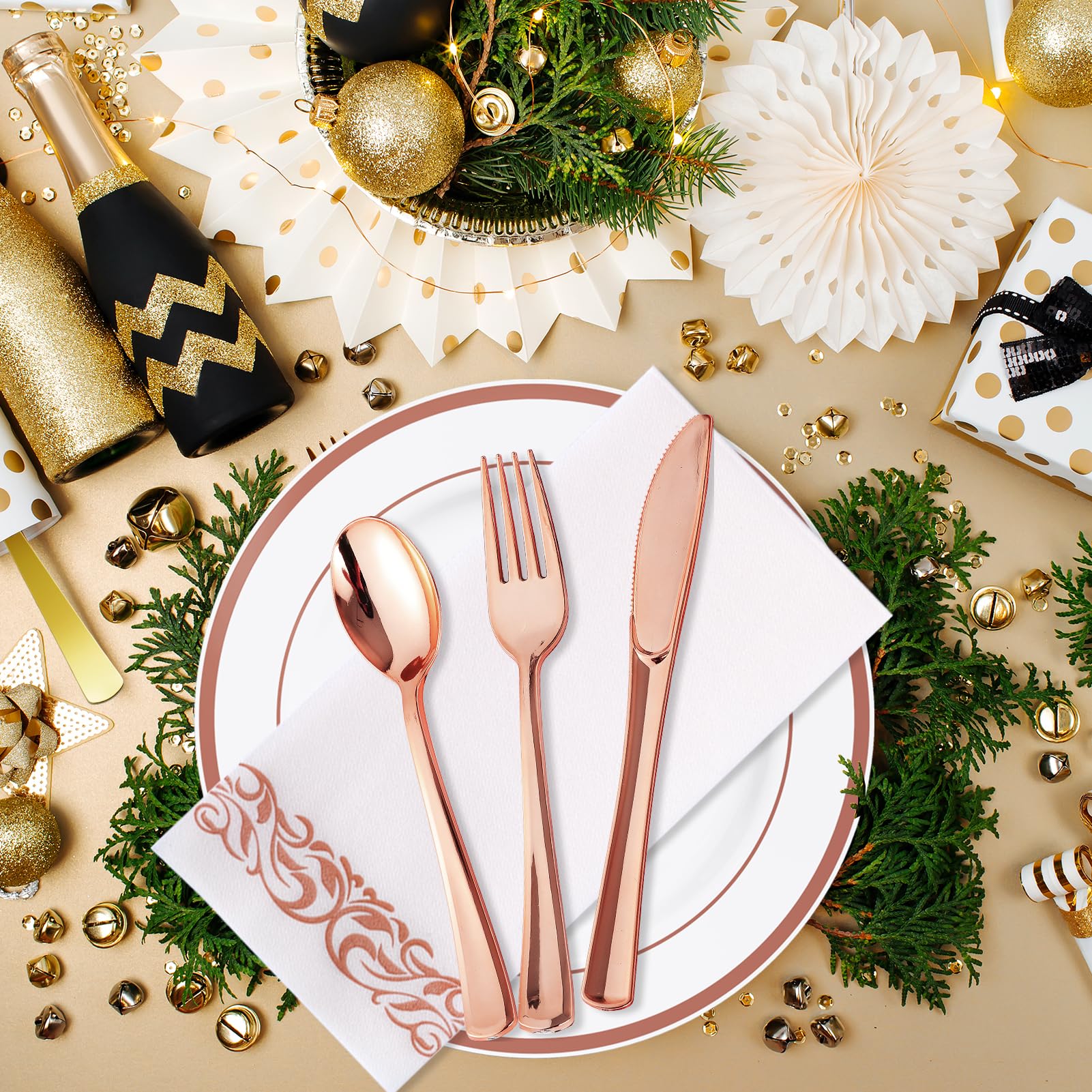 700-Piece Rose Gold Disposable Dinnerware Set - 200 Plastic Plates, 300 Silverware, 100 Cups & 100 Hand Towels - Elegant Party Supplies for Halloween, Christmas, Thanksgiving - Perfect for Weddings, Baby Showers & Birthday Celebrations