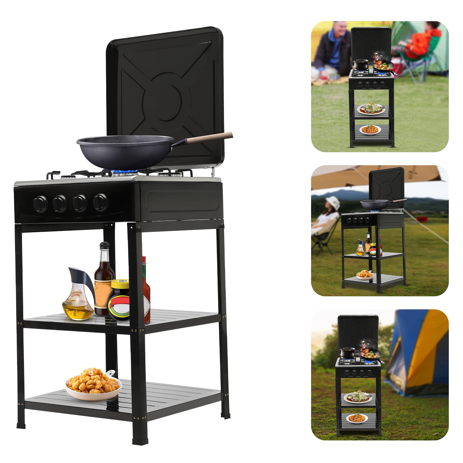 4 Burner Portable Camping Stove with Windproof Cover & Leg Stand - Manual Ignition Gas Stove for Outdoor Cooking, Picnics, RV Trips & Emergency Preparedness - Perfect for Camping, Backpacking & Home Use (Black)