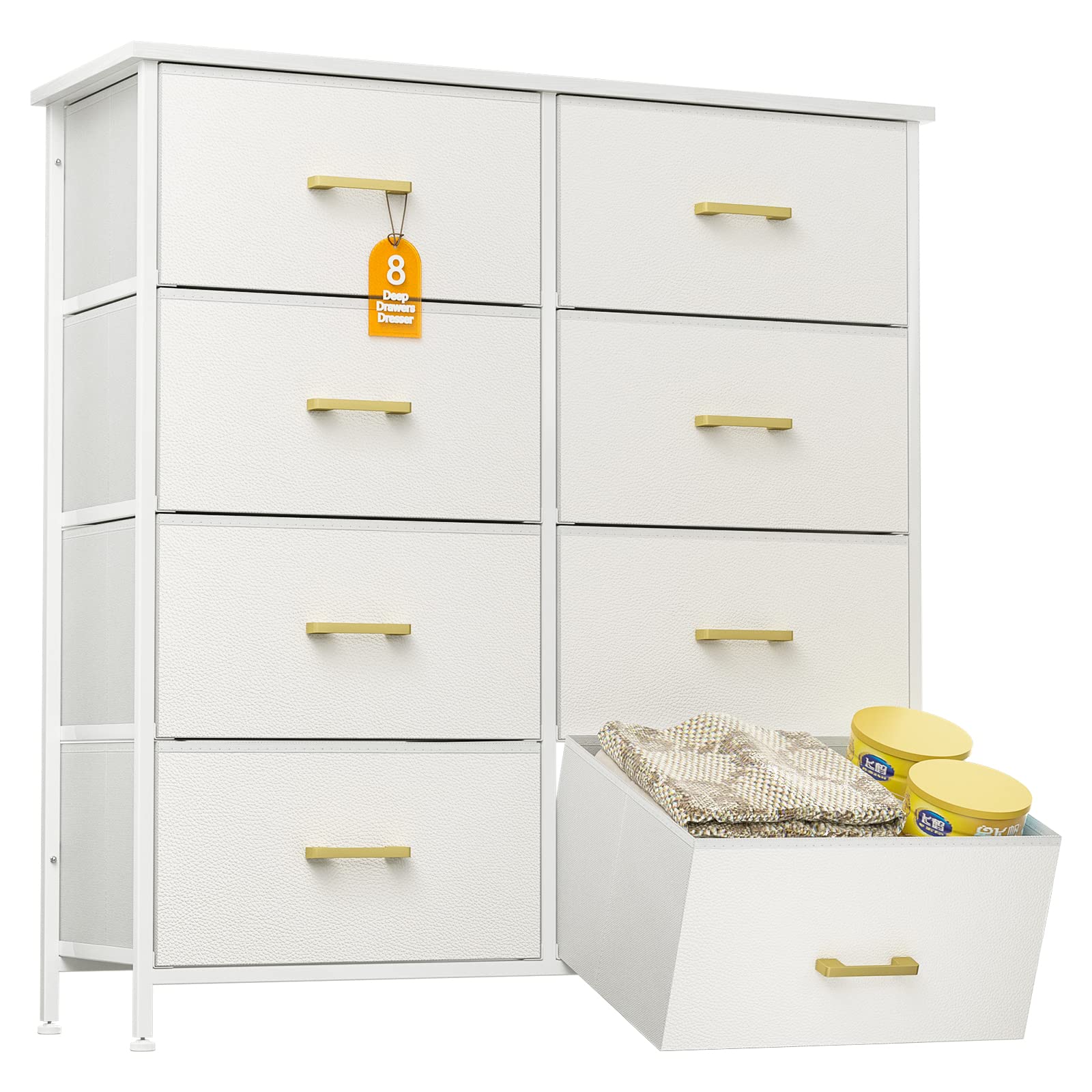 8-Drawer Tall Dresser for Bedroom - White Chest of Drawers with Sturdy Steel Frame, Fabric Bins & Wood Top - Perfect for Closet, Living Room, Nursery or Hallway Storage & Organization