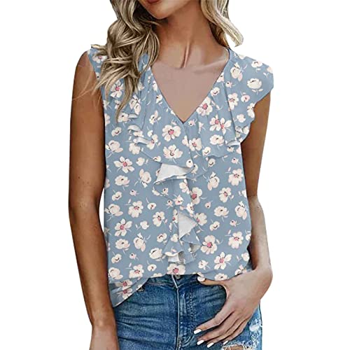 Women's Black Deep V-Neck Ruffle Bodysuit Top - Sleeveless Casual Summer Blouse with Print, Light Blue XXL | Perfect for Beach Outings, Date Nights & Layering