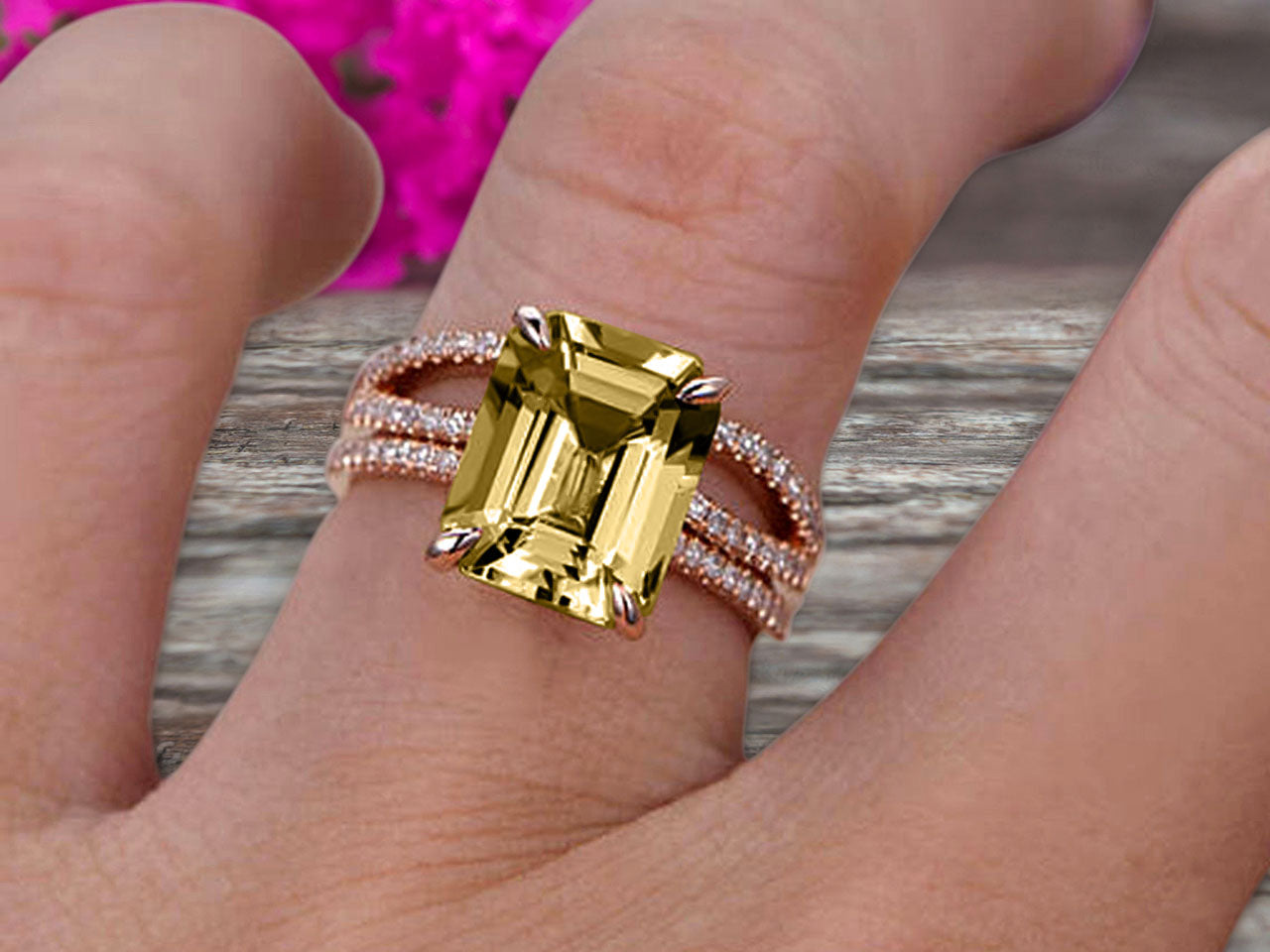 1.50 Carat Emerald Cut Champagne Moissanite Engagement Ring - 10k Rose Gold Wedding Band for Women, Bridal Set, Anniversary Gift - Perfect for Proposals, Valentine's Day & Special Occasions