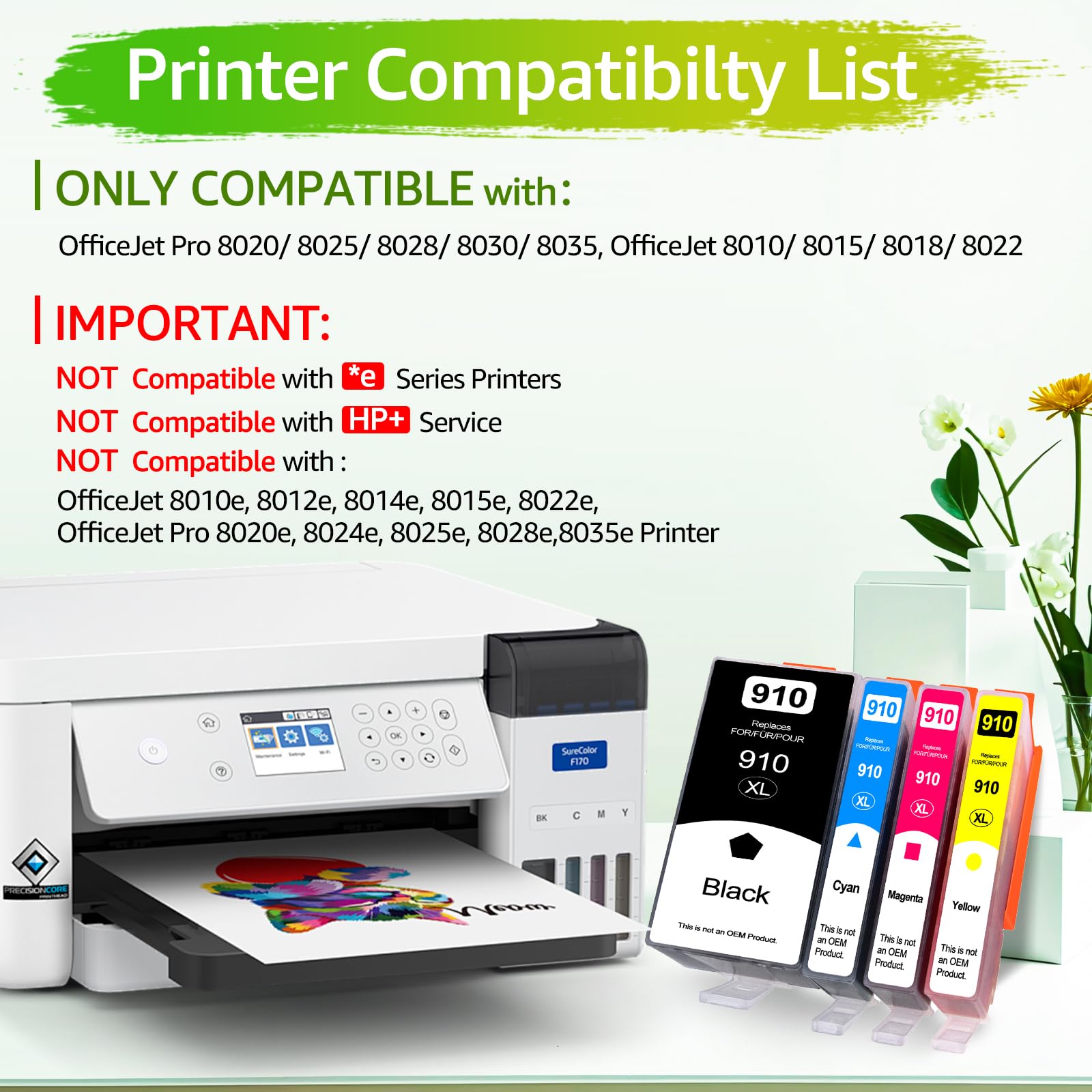 Greencycle 910XL Ink Cartridges Combo Pack (4 Pack) - High Yield Replacement for HP 910/910XL - Compatible with OfficeJet Pro 8020/8025/8028/8030/8035 & OfficeJet 8010/8015/8018/8022 Printers - Perfect for Home Office, School Projects & Small Business Printing Needs
