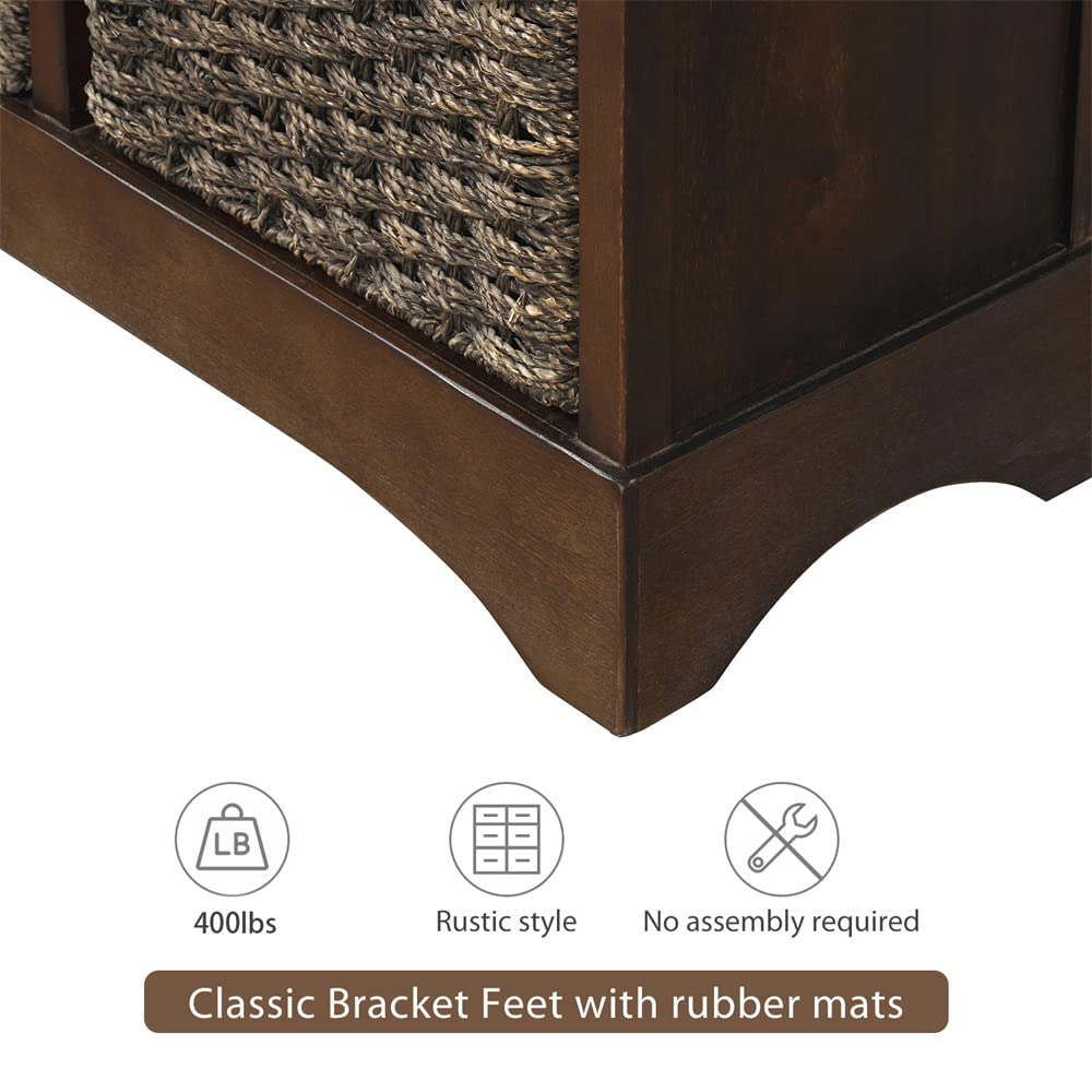 Rustic Wood Storage Cabinet with 2 Drawers & 4 Rattan Baskets - Farmhouse Entryway Console Table, Sofa Side Table for Living Room, Dining Room Accent Sideboard - Espresso Finish - Perfect for Home Organization & Farmhouse Decor