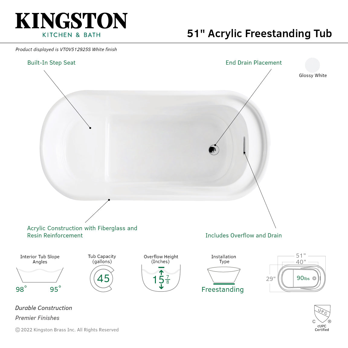 Aqua Eden 51 Inch Acrylic Oval Freestanding Bathtub - Double Ended Soaking Tub with Drain & Built-in Seat, Glossy White - Perfect for Luxury Bathroom & Spa Relaxation
