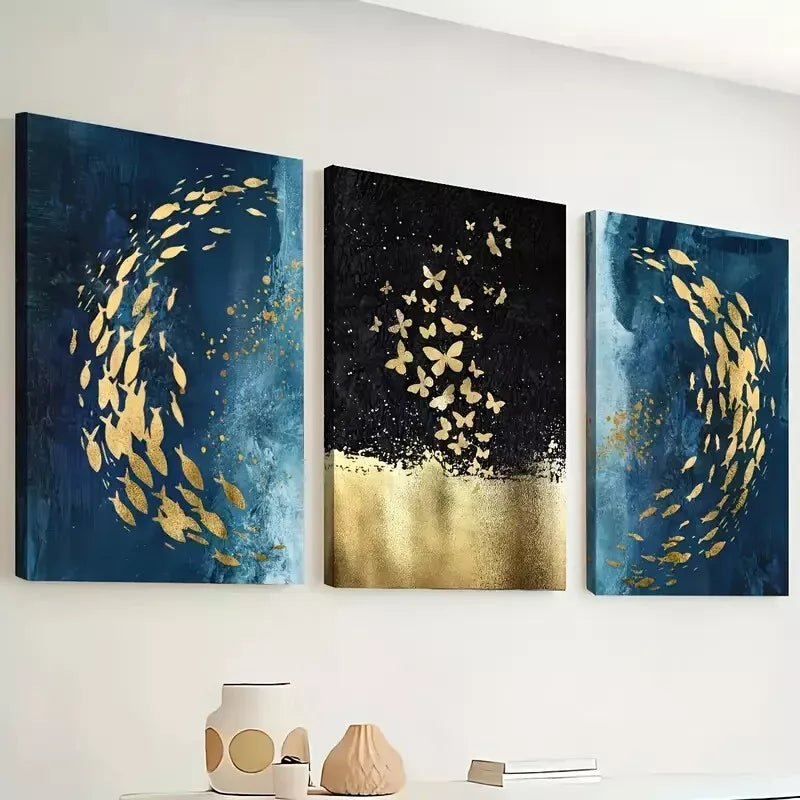 3-Piece Abstract Fish & Butterfly Swarm Wall Art Set - Framed Canvas 40x60cm (16x24in) - High Quality Print, 100% Australian Made - Ready to Hang for Living Room, Bedroom & Office Decor