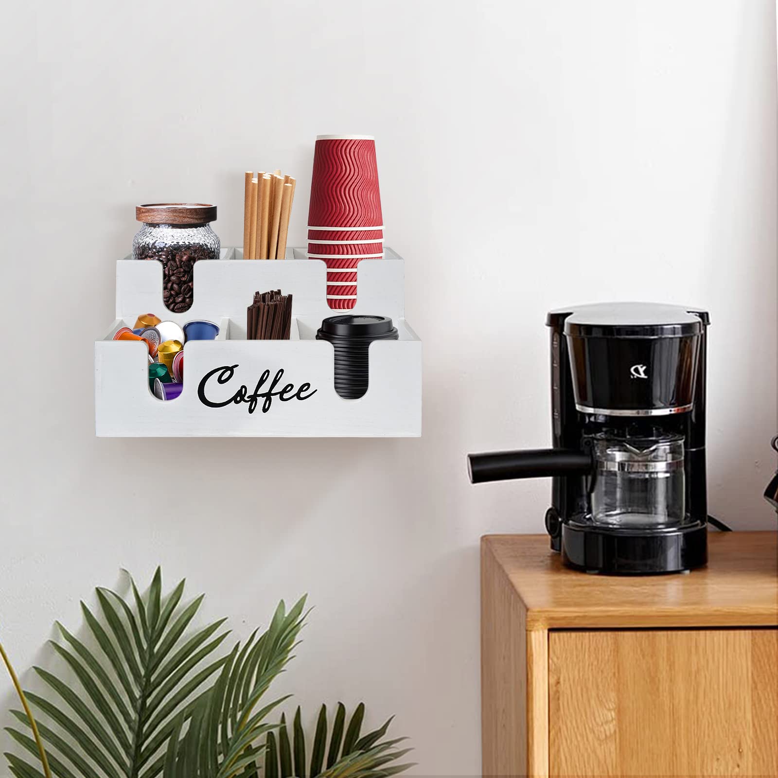 Wooden Coffee Station Organizer - 6 Compartment Countertop Lid Holder, Paper Cup Dispenser & Condiment Storage | Perfect for Kitchen, Office & Coffee Bar Organization